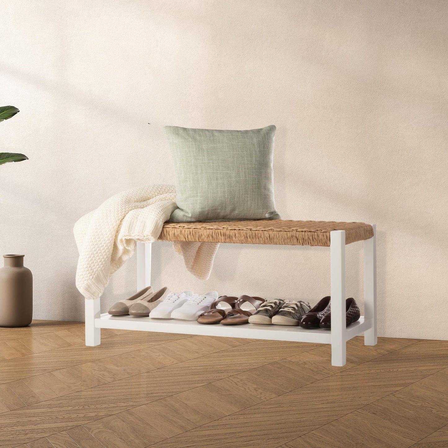 Alaterre Furniture Bench with Handcrafted Woven Rope Seat - Newport Collection 40-Inch Wood Bench with Storage Shelf for Entryway or Hallway - Indoor Furniture (White)