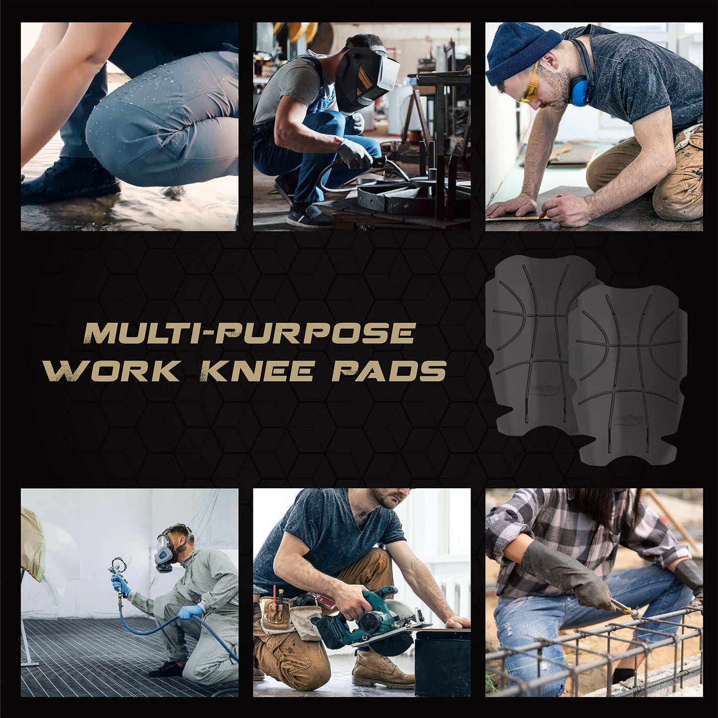 Hmyl Easy Knee Pad Insert for Work Pants/Bibs, Uniforms, and Tactical Pants, Breathable Knee Pad Inserts for Construction, Flooring, Gardening,and Garage, 11.5''×7.9''×0.45'', BLACK, 3 Pairs