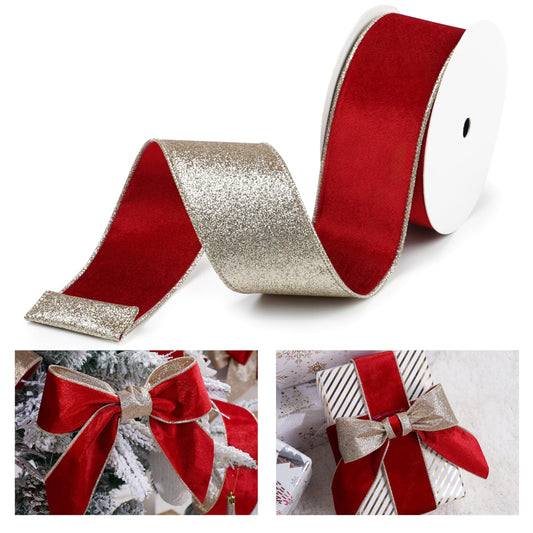 LIZLOVESS Red Velvet Wired Ribbon with Glitter Back 2.5 Inch Red and Gold Christmas Ribbon Wired Ribbon for Christmas Tree, Gift Wrapping, Mantel, Wreaths Supplies, Topper Bows (10 Yards)