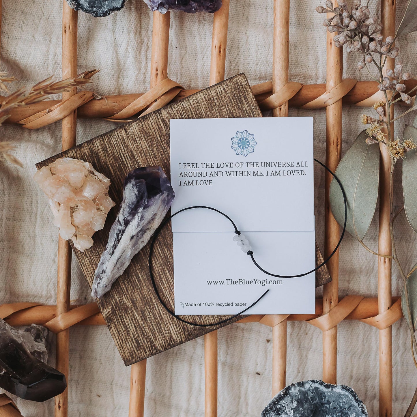 The Blue Yogi Healing band -2 in 1 protection Bracelet/Anklet with an affirmation- Tie Closure (Rose Quartz)