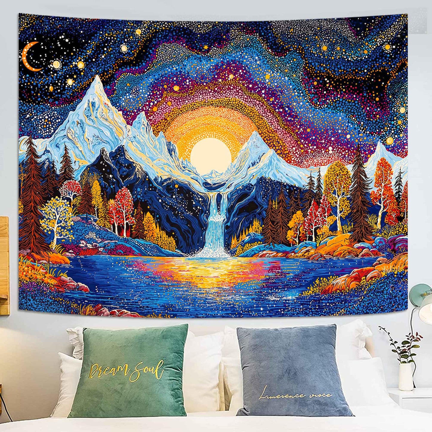 Lunerfex Starry Mountain Waterfall Sunrise Wall Tapestry, Trippy Cosmic Landscape Tapestries for Room Decor, Vibrant Tapestry 60x44 Inch