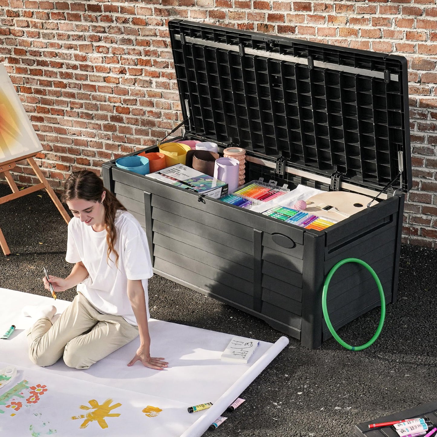 DWVO 150 Gallon Large Deck Box Waterproof Outdoor Storage Box, Extra Large Storage Bin, Resin Louvered Patio Storage for Indoor Pillows, Garden Tools & Pool Supplies, Lockable, Black