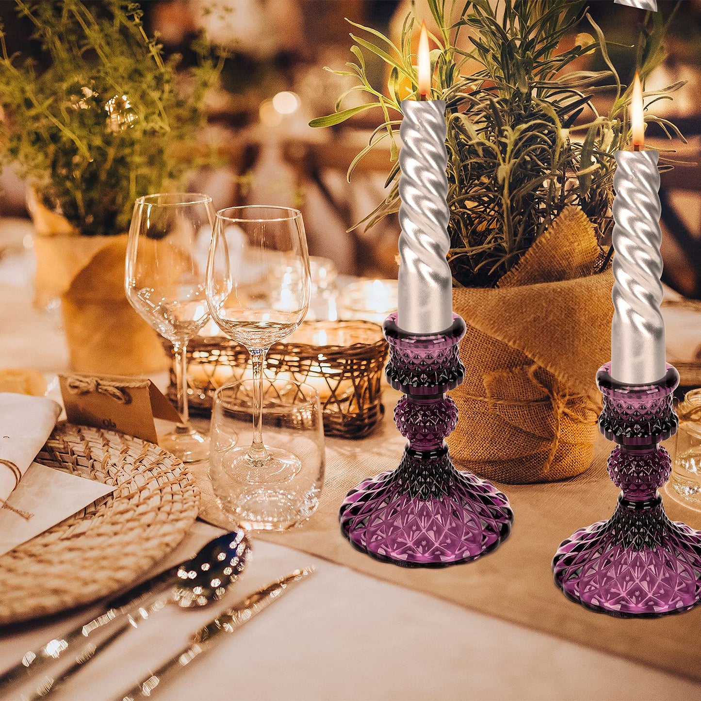 Glass Candle Holder, 2PCS Decorative Candle Sticks Pillar Candle Stand for Formal Events Wedding Party Table Centerpieces Home Decoration, Dark Purple