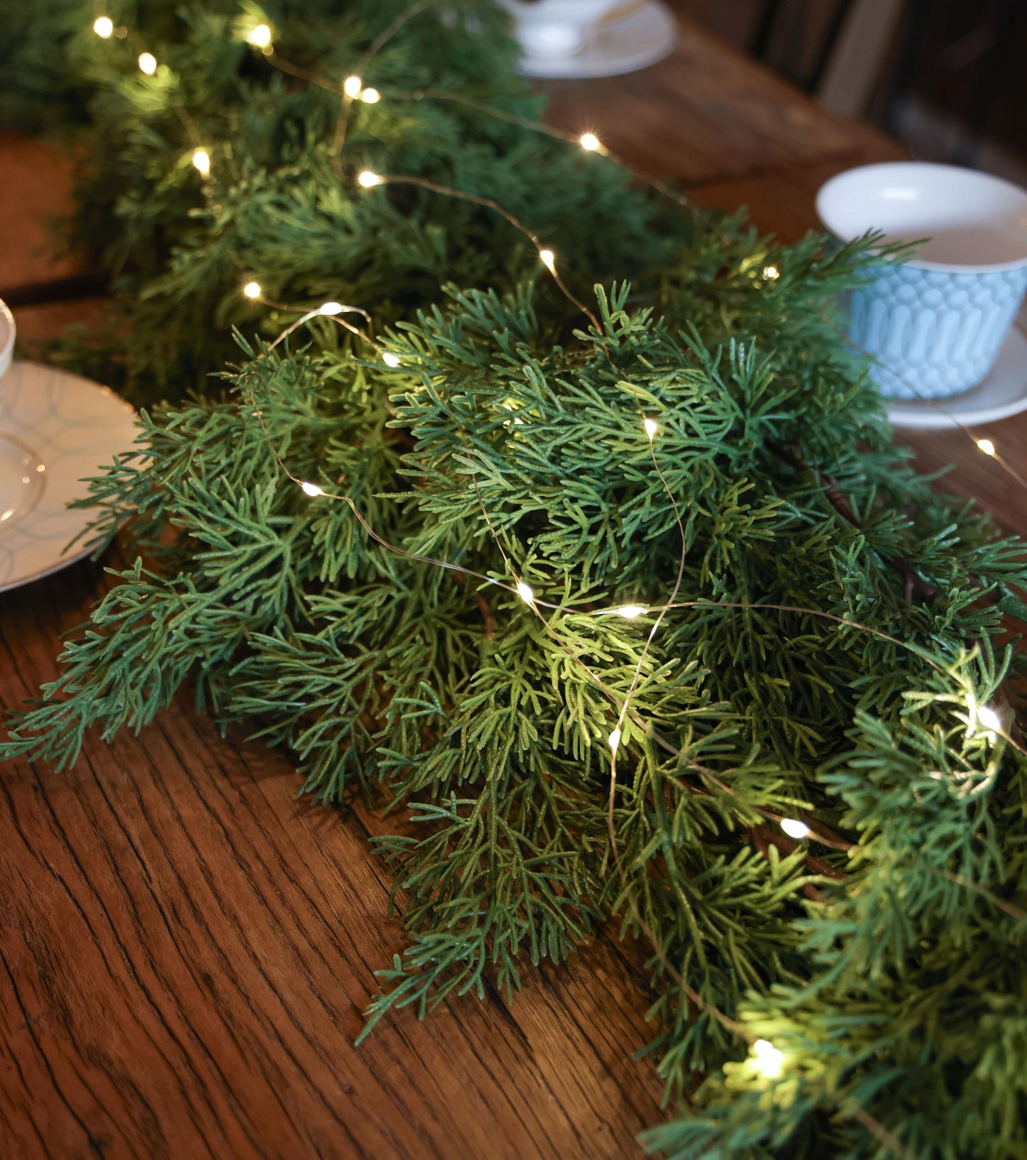 6FT Christmas Garland PARTY JOY Cedar Garland with 9.8FT LED String Lights, Greenery Plant for Christmas Decorations Table Mantle Background Wall Room Outdoor Indoor Winter Decoration