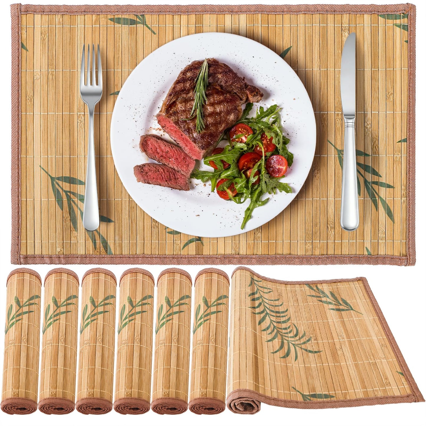 Eorbow 8 Pack Bamboo Placemats, 18 x 12 Inch Anti-Slip Table Mats, Heat Resistant Place Mats, Japanese Style Washable Placemats for Dining Room, Kitchen, Restaurant