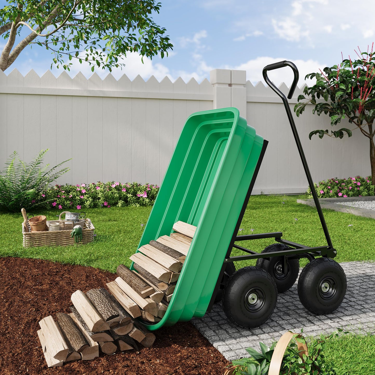 Garden Dump Cart, 6 Cu.Ft. 1200Lbs Garden Cart, Heavy-Duty 4 Wheel Wheelbarrow Yard Cart with 13-Inch All-Terrain Wheels, Features A Quick-Release Tipping Function, for Courtyards, Farm, Gardening