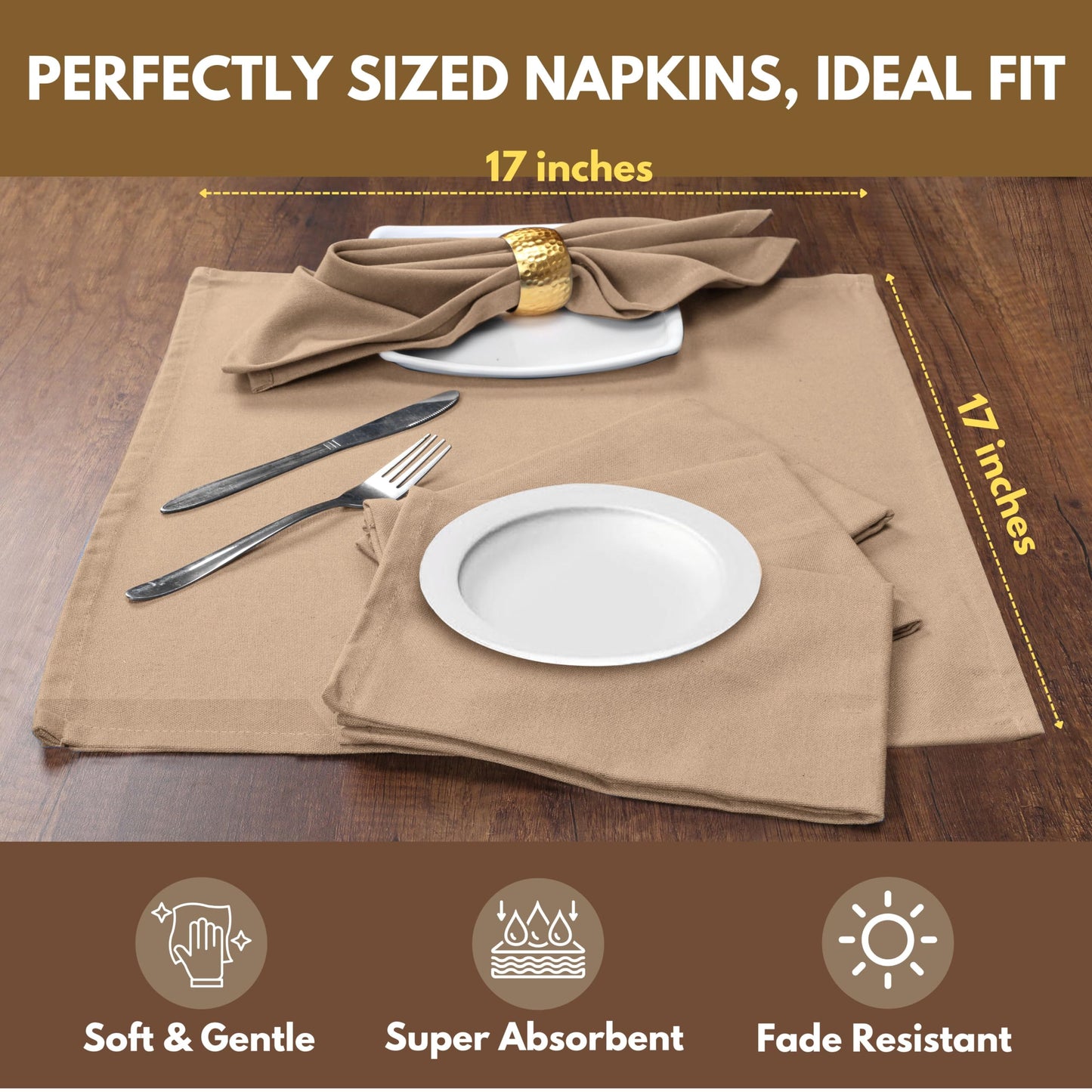 Native Fab Cloth Napkin Set of 12, 100% Cotton, Washable, Reusable Dinner Cloth Napkin 17x17 inches, Table Decor Napkins for Dinner, Events, Beige