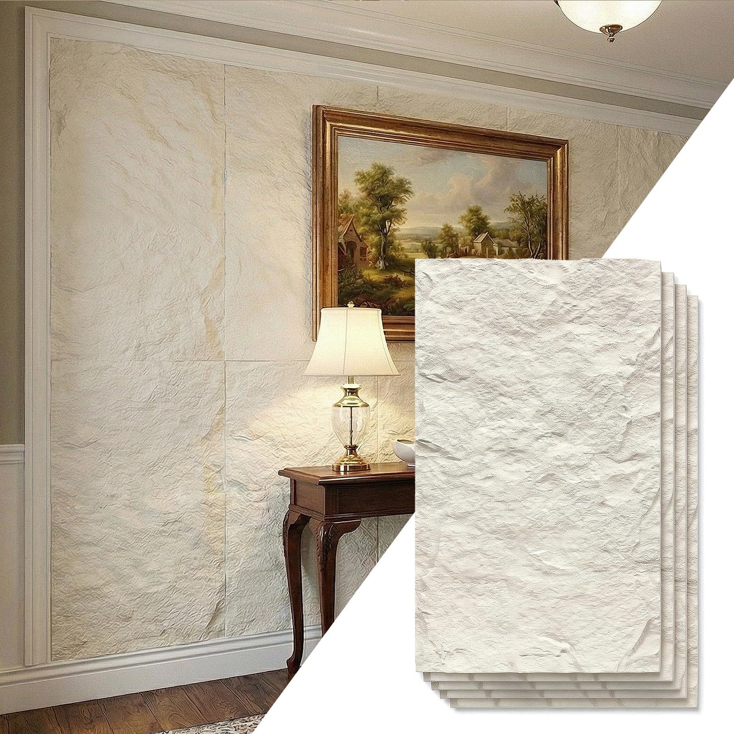 VooBang 4 Pack 3D Wall Panels, Lava Rock Molten Texture PU Wall Panels, 24"x48" Cover 32 Sq Ft Peel and Stick Wall Tiles, Accent Wall Decor for Interior Living Room Bedroom Hotel Office, White Marble
