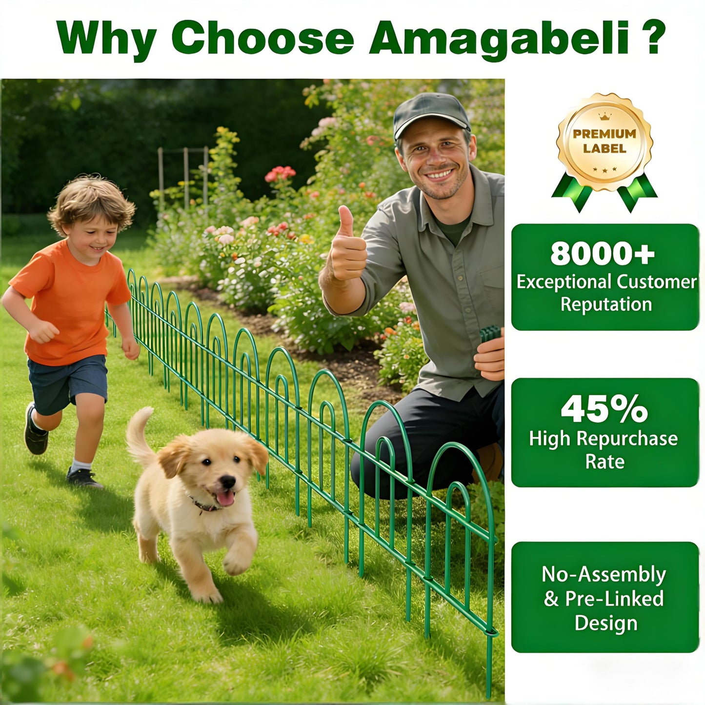 AMAGABELI 35 Panels 18in(H)×50ft(L) Decorative Garden Fence No Dig Rustproof Metal Pre-Linking Fence Panels Garden Edging Border Animal Barrier Fencing for Flower Beds Yard Patio Outdoor Decor Green