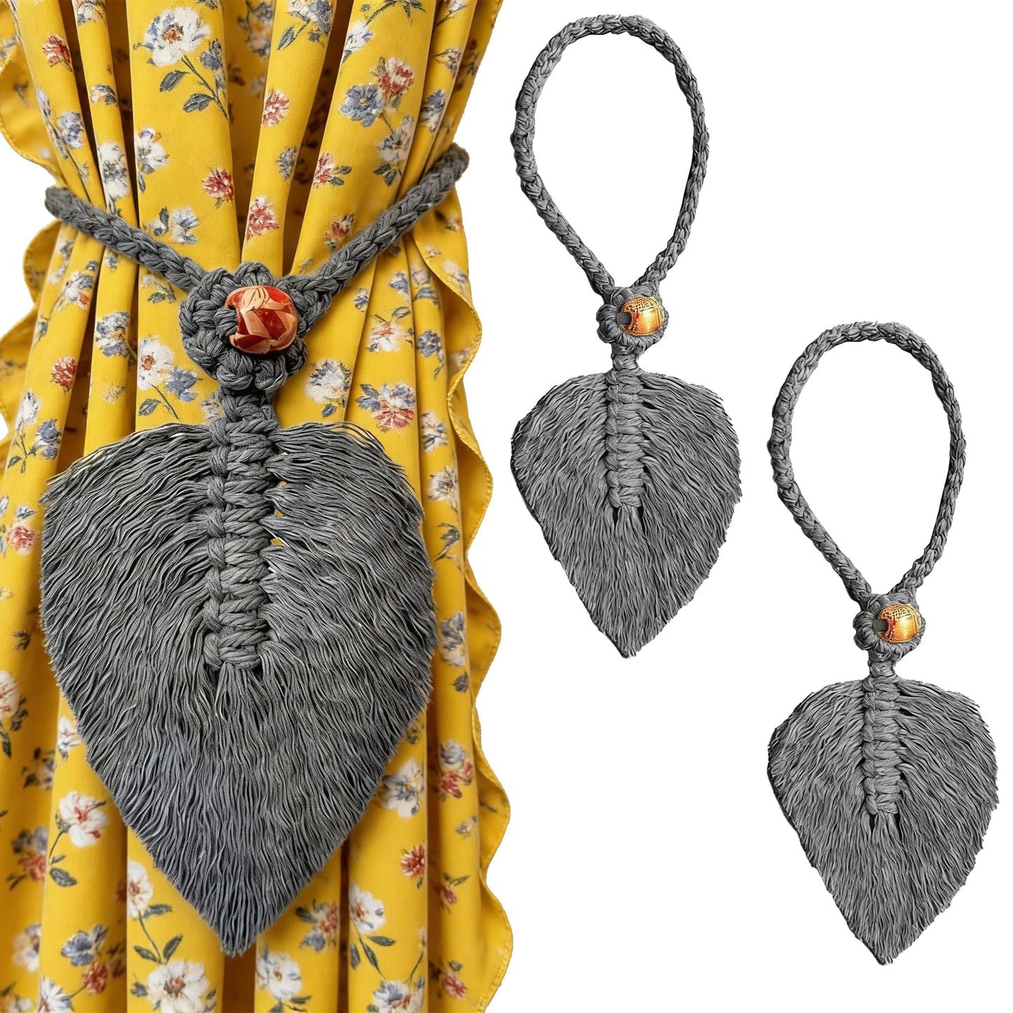 2 Pack Boho Curtain Tiebacks, Handmade Cotton Rope Curtain Holdbacks with Natural Wooden Beads, Adjustable No Drill Drapery Ties for Farmhouse Living Room Bedroom Decor (Grey)