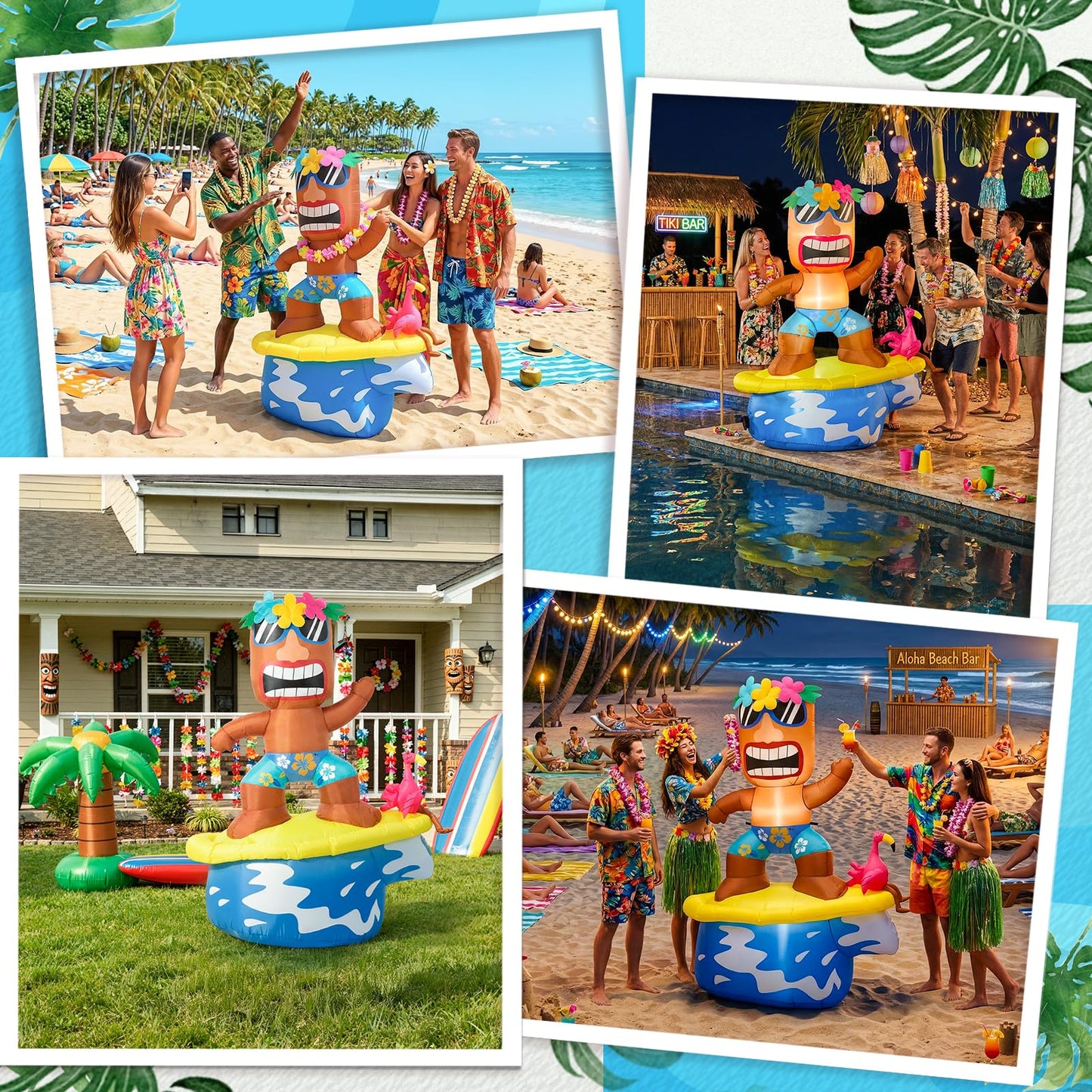 GUDELAK 5FT Flamingo Inflatable Tiki Surfboard Luau Party Decorations, Summer Inflatables Outdoor Decorations with LEDs and Blower, Tiki Blow Up Flamingo for Tropical Beach Pool Summer Yard Decor