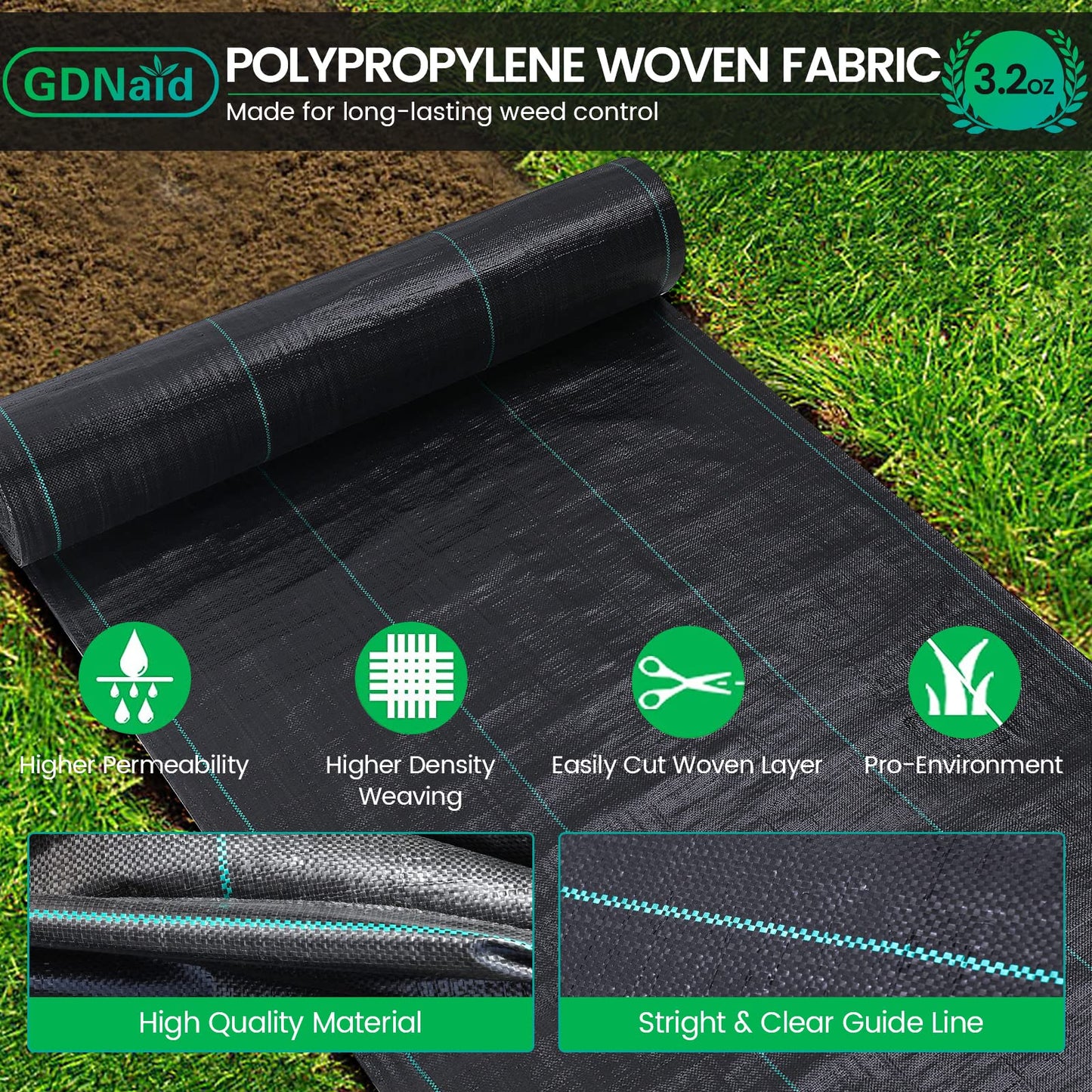 GDNaid 4ftx100ft Weed Barrier Landscape Fabric Heavy Duty, 3.2oz Weed Barrier Fabric, Easy Setup Woven Garden Weed Fabric Landscaping Fabric
