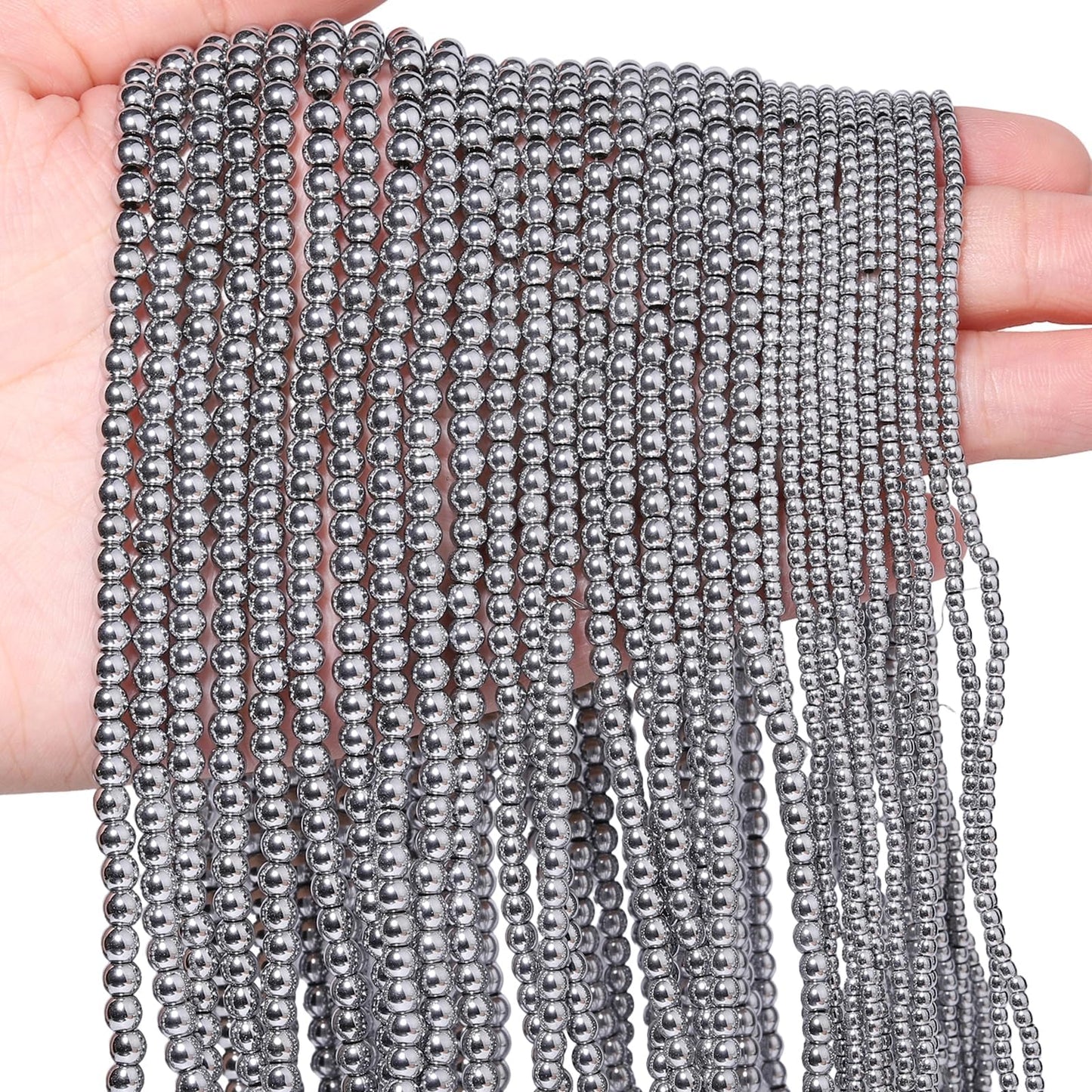 Songxi 90pcs 4mm White Hematite Natural Round Stone Beads for Jewelry Making, Smooth Loose Small Gemstone Beads for Bracelets Necklace, Chakra Stones with Energy Power