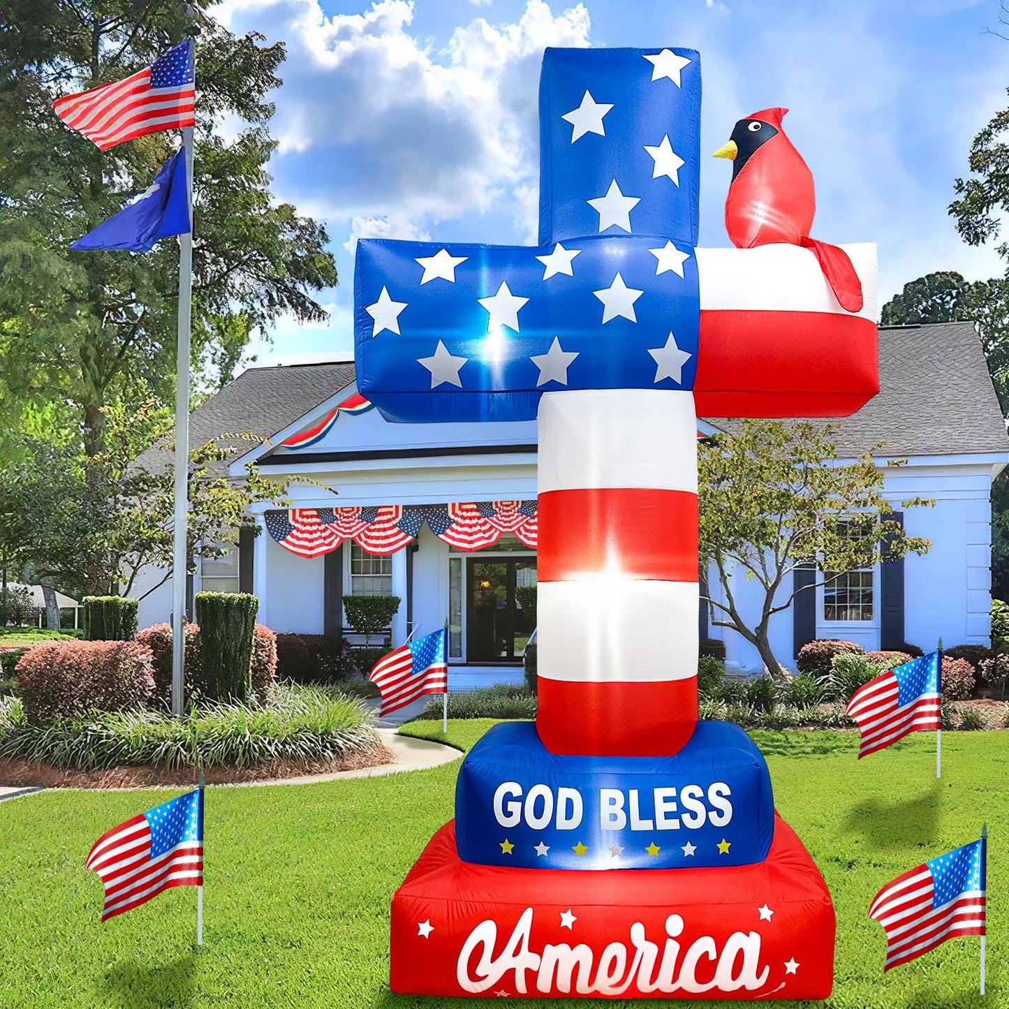 OurWarm 8FT 4th of July Inflatables, Memorial Day Inflatables Outdoor Decorations Blow Up Cross with Cardinal American Flag Built-in LEDs & Blower, Patriotic Inflatable for Lawn Independence Day Decor