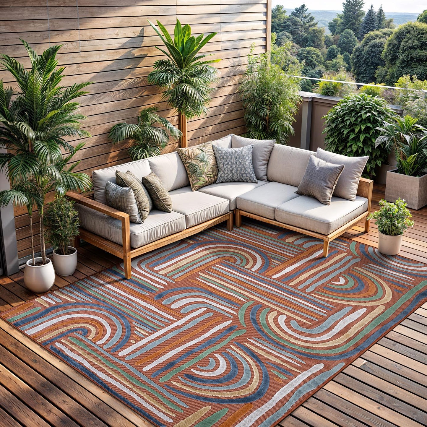CAMILSON Indoor Outdoor Rug, Orange 8x10 Geometric Arch Striped Area Rugs for Patio and Home Areas, Easy-Cleaning Non-Shedding Living Room, Garden and Deck Washable Outside Carpet (8 x 10)
