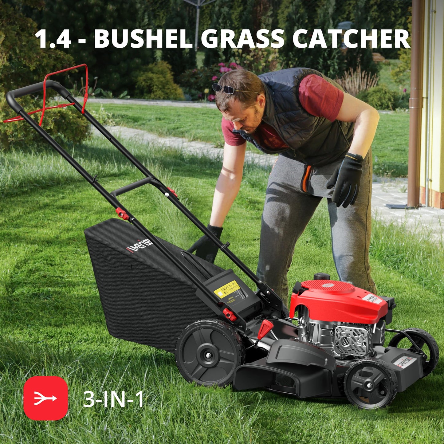 AMERISUN 21-Inch Self-Propelled Gas Lawn Mower for Large Yard, 170cc 4-Stroke Engine, 6-Position Adjustable Cutting Height, 3-in-1 Mulching, Side Discharge & Rear Bag for Garden Landscaping
