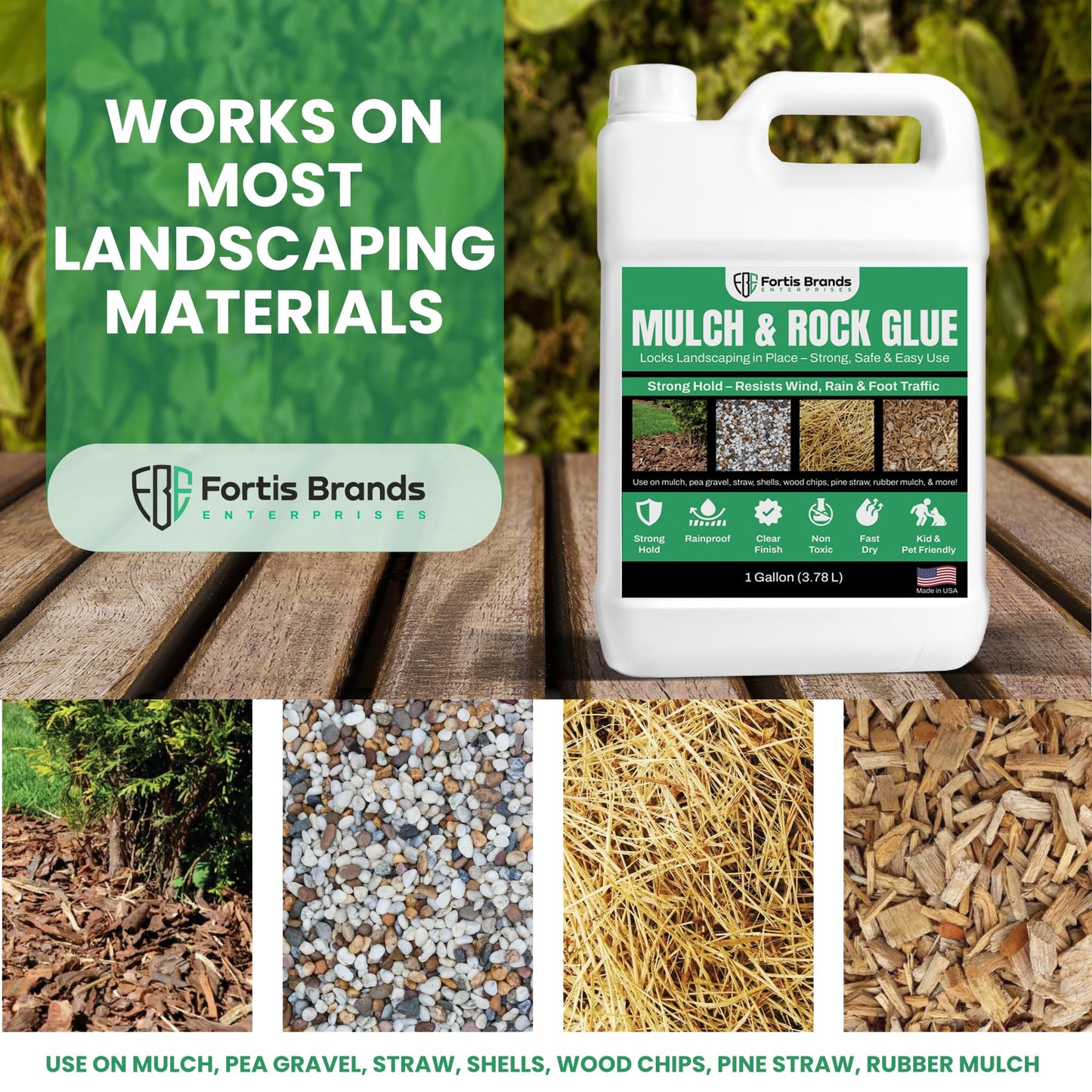 FBE Fortis Mulch Glue and Rock Glue for Landscaping - 1 Gallon Pet and Plant Friendly Gardening Adhesive, Heat Resistant, Max Hold on Mulch, Rock, Pea Gravel, Shells, Straw, Stone, Hay and More