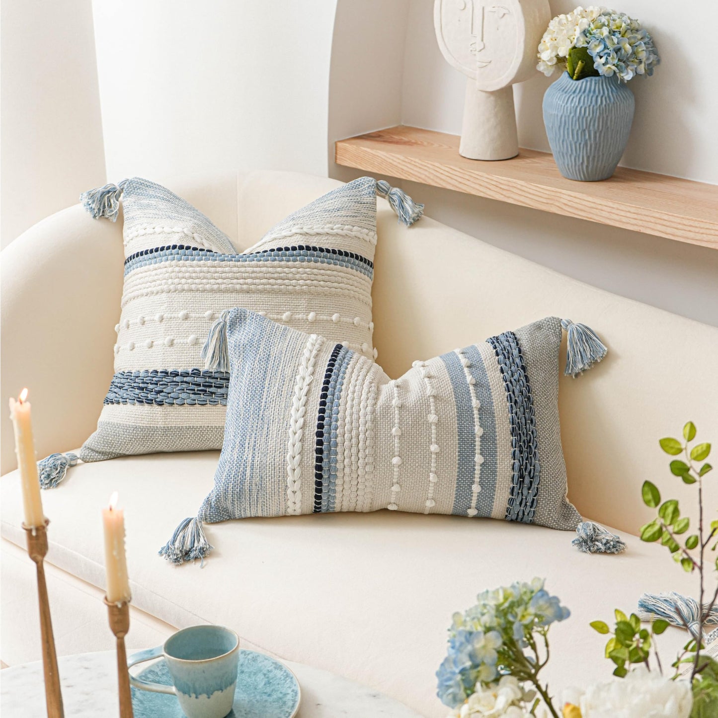 BlissBlush Decorative Lumbar Throw Pillow Cover 14x24 Boho Coastal Blue Accent Cushion for Couch Sofa Farmhouse Pillowcase for Bedroom Living Room Home Décor Cover ONLY