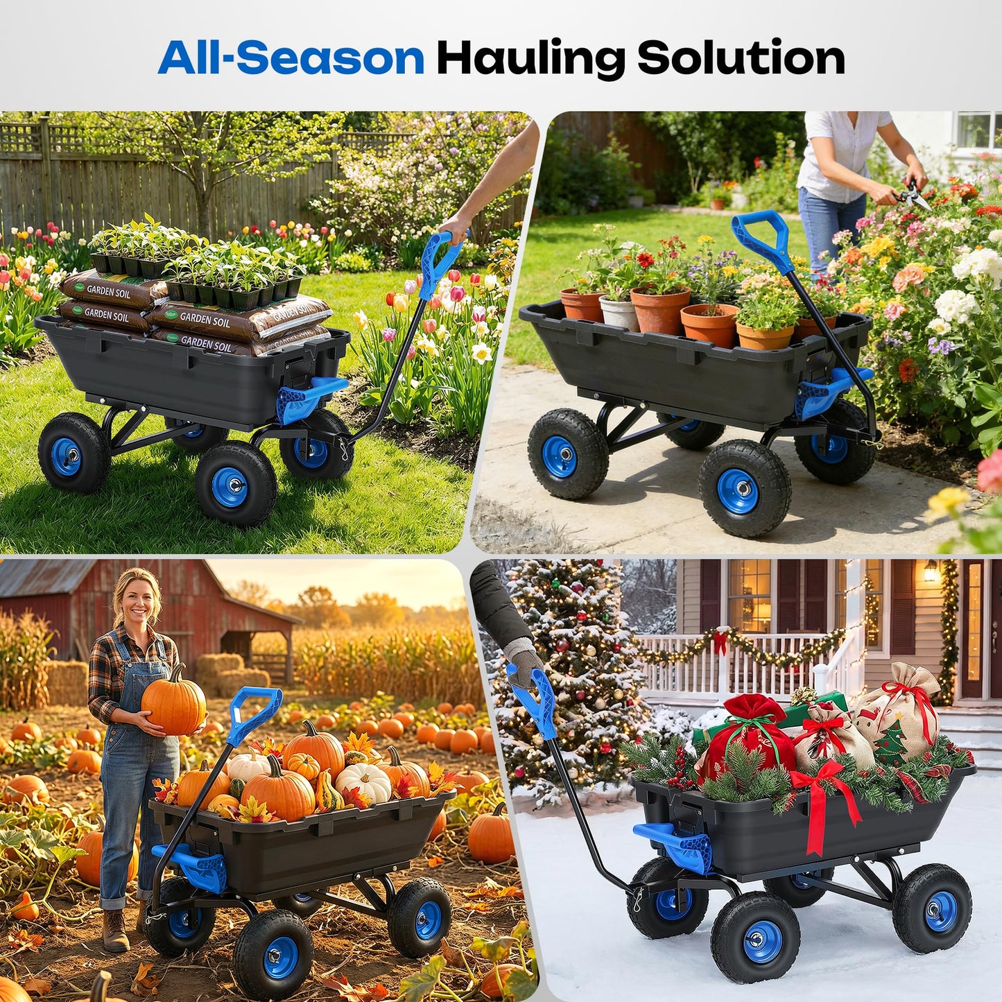 Autodaya 900LB Garden Dump Cart, 2026 Upgraded Heavy Duty Wheelbarrow Cart with 10" Non-Slip Pneumatic Tires & Quick-Release System, 4-Wheel Steel Frame Wagon for Transportation in Yard, Farm, Garden