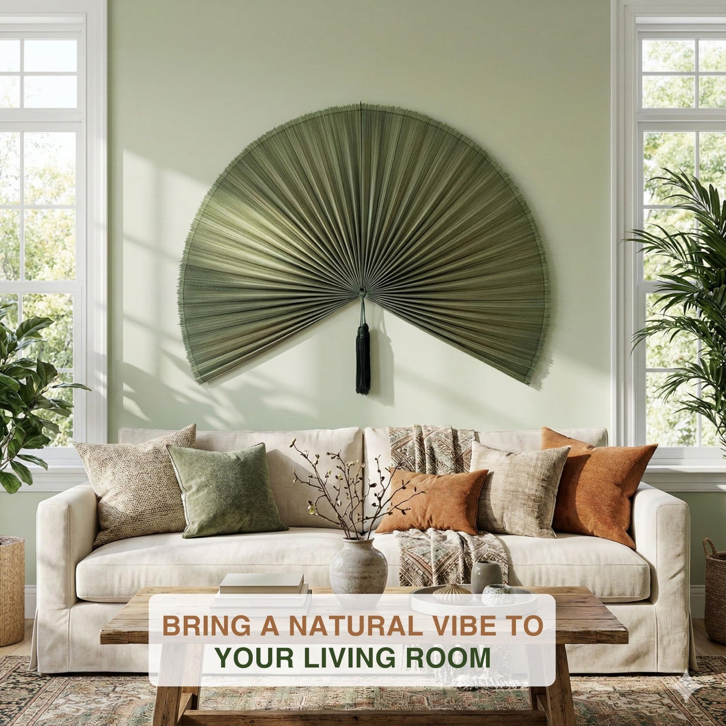 SUCHUBU Bamboo Fan Wall Decor Japanese Hanging Art Headboard, Boho Folding Asian Style, Natural Ivory Home Aesthetic - Lightweight Easy to Hang over Bed Decor (Green, Large)