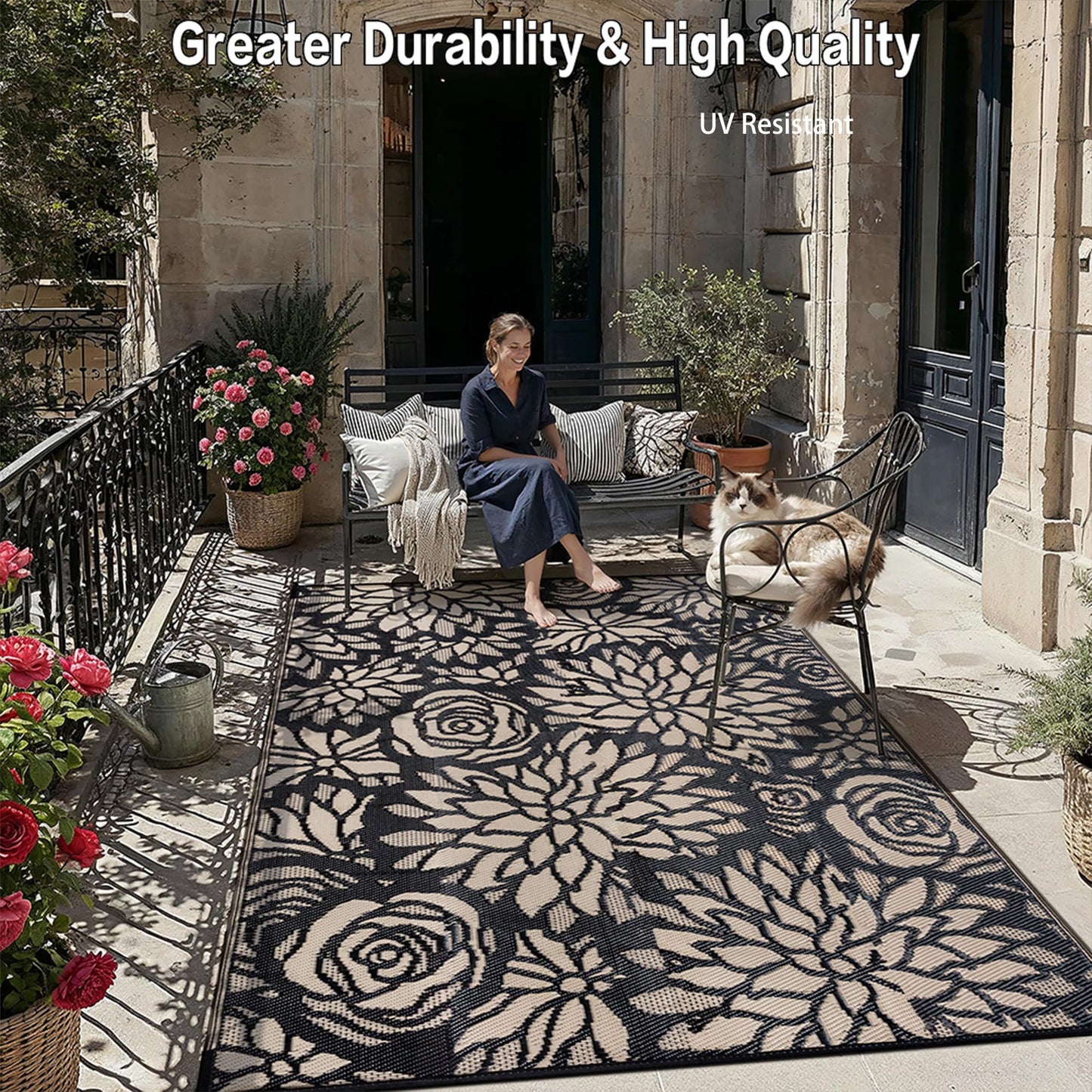 WondRg Outdoor Plastic Straw Rug Waterproof Patio 9x12 Black Brown Floral Mat for Porch Camping RV Balcony Deck Courtyard Reversible Lightweight Durable Portable Carpet