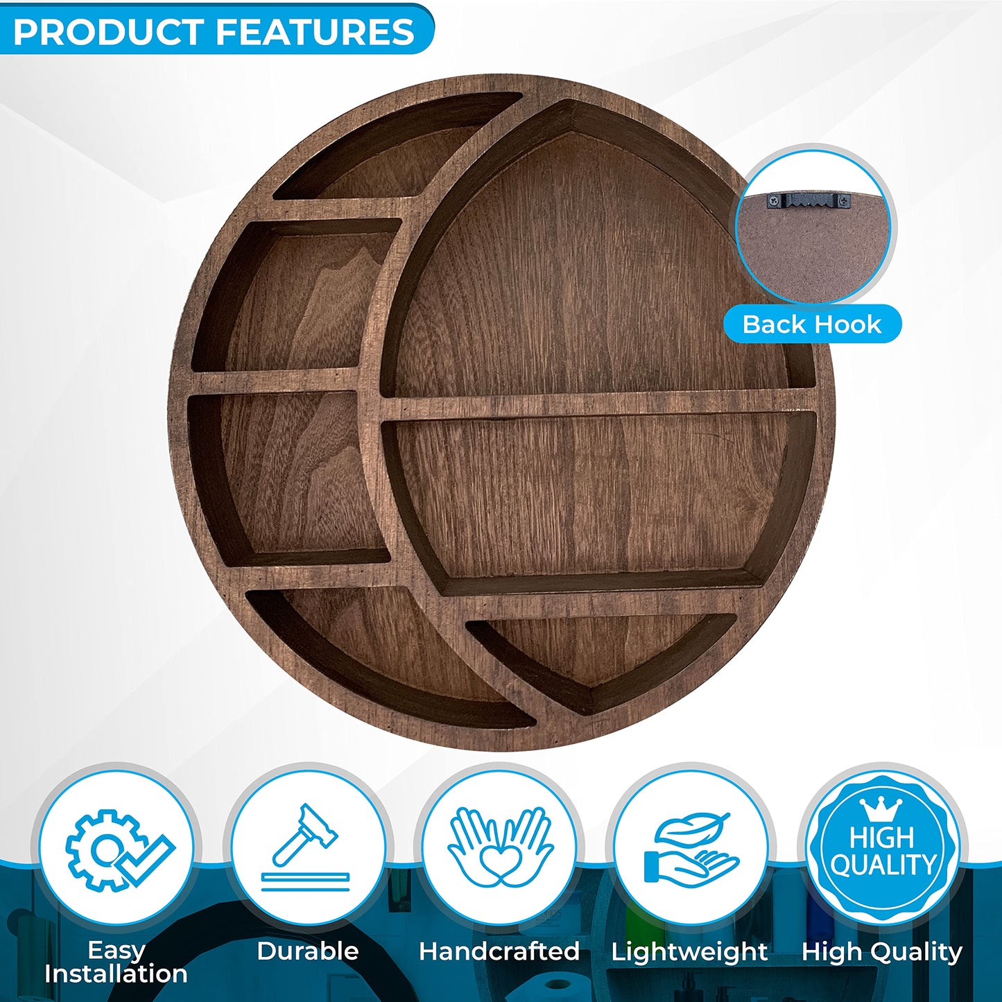 Nimpro Wooden Crescent Moon Shelf Wall Decor - Decorative Boho Home Hanging Display Shelf for Bedroom, Dorm, Nursery - Easy Mount Storage for Crystals and Essential Oils - 14 x 14 x 3.5 (Brown)
