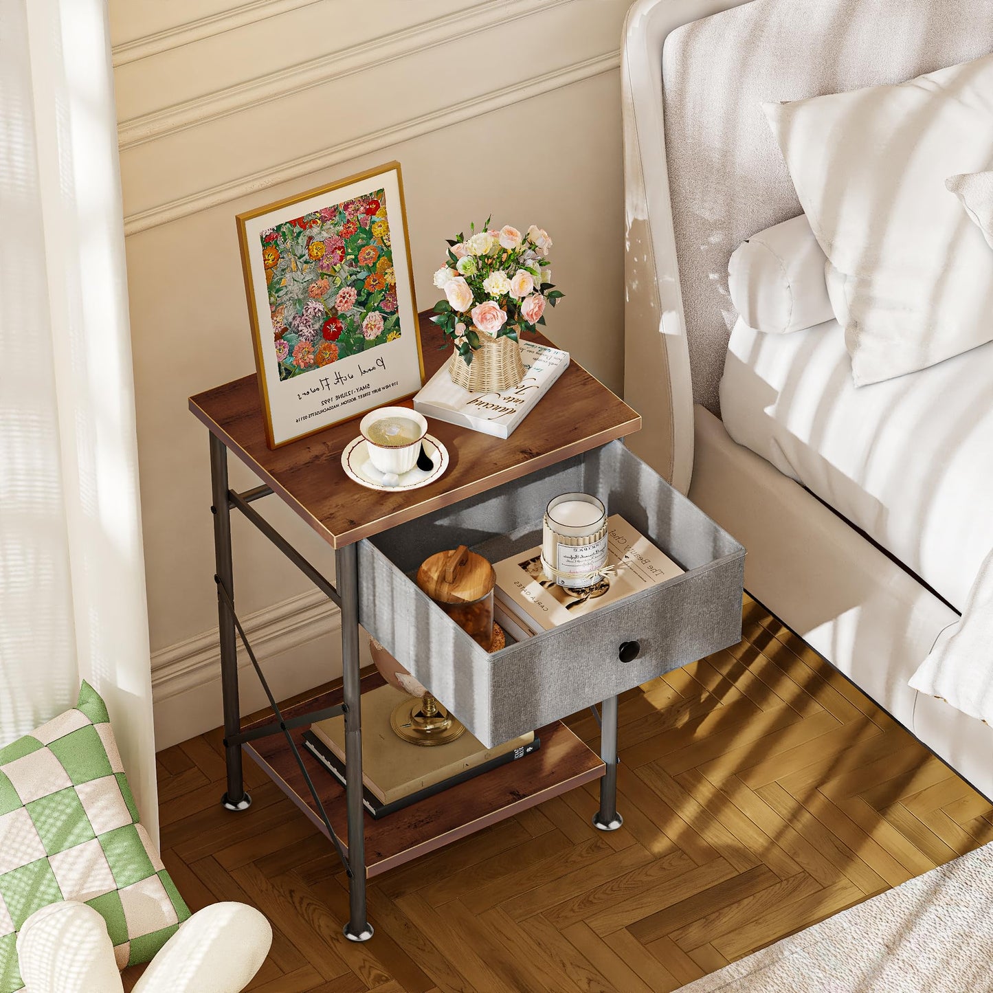 VECELO End Tables, Modern Nightstand with Fabric Drawer & Open Shelf, Night Stand for Bedroom Living Room, Industrial Metal Frame, Easy Assembly, Rustic Brown,1 Pack