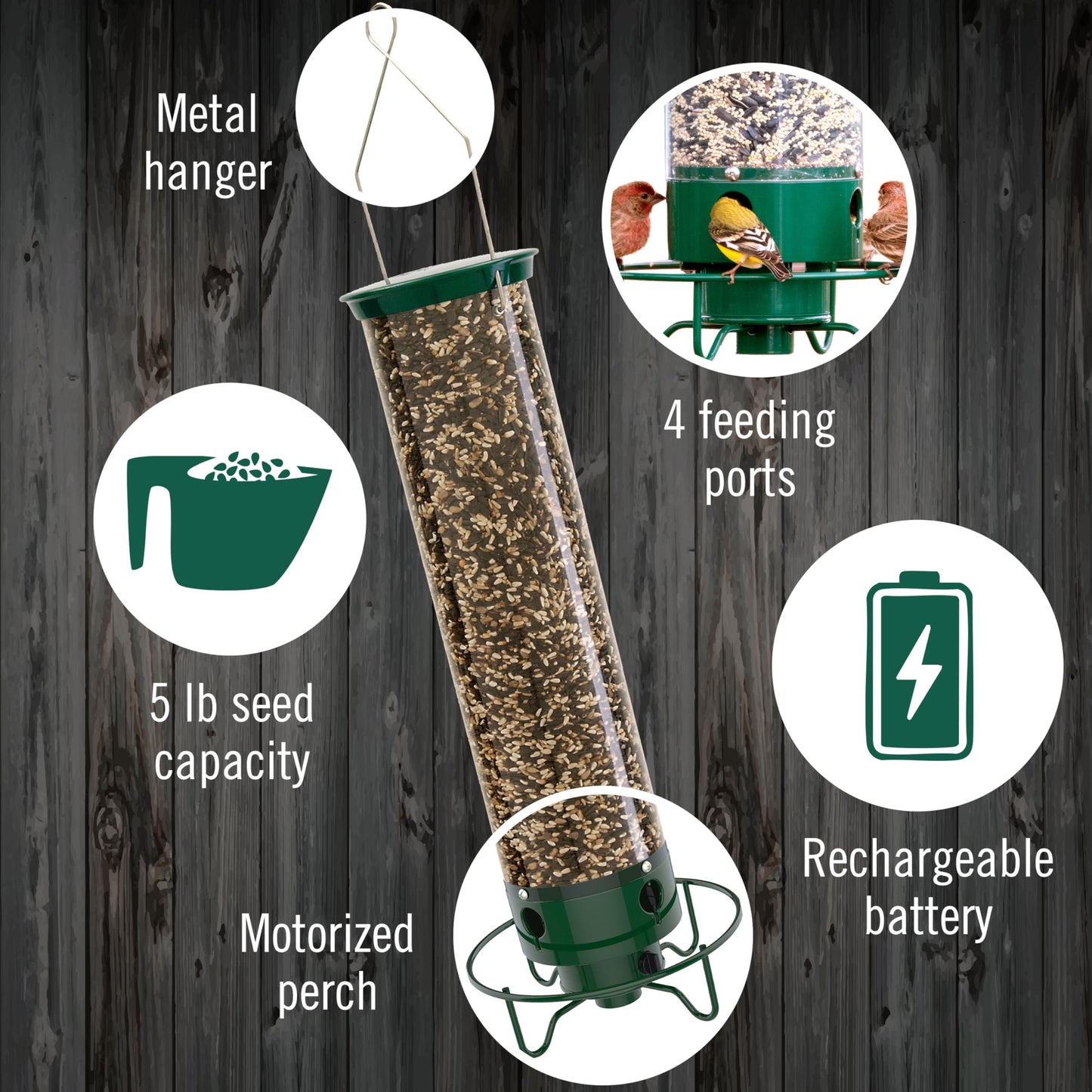 Droll Yankees Squirrel Proof Bird Feeder for Outdoors – Rechargeable Weight-Activated Rotating Perch, 5lb Seed Capacity, Metal Base, UV-Stabilized Seed Tube, Hanging Green Yankee Flipper, YF-M