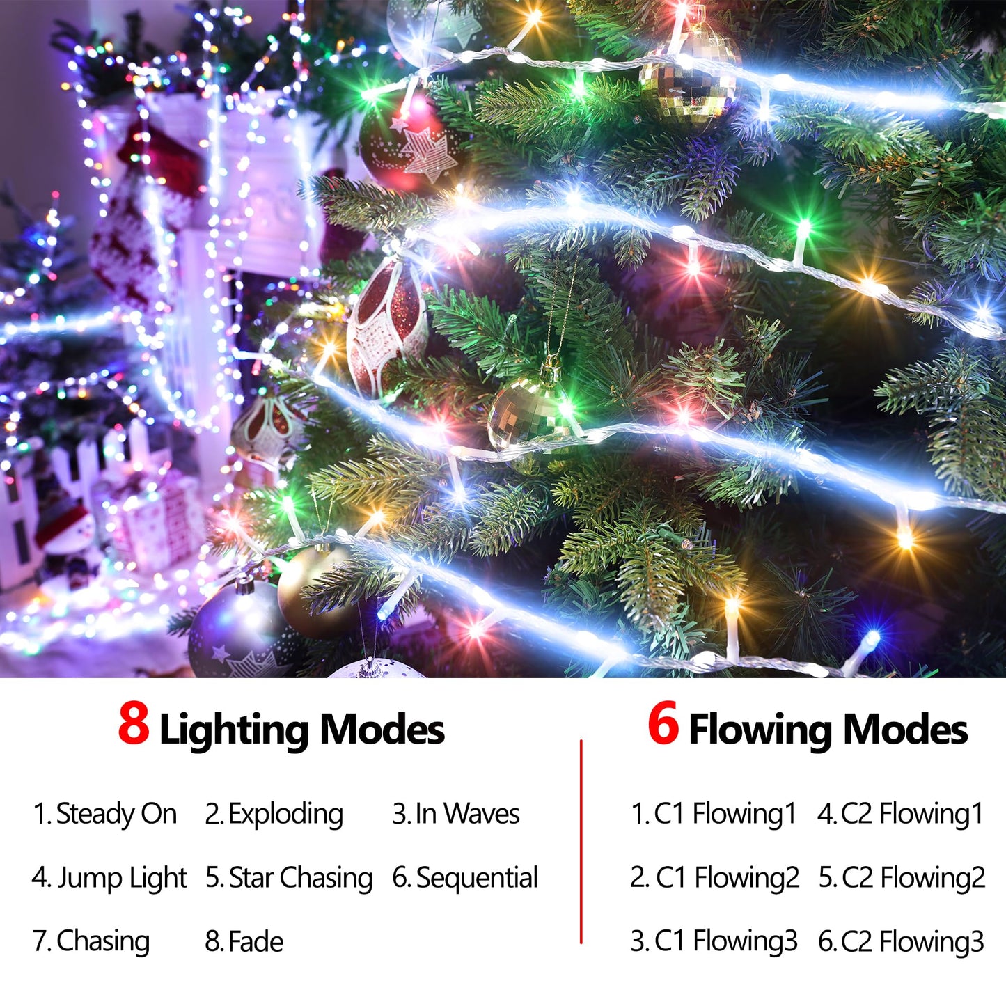 Jyoiat 30FT String Lights - 240 LEDs Water Flowing Multicolor String Lights with 8 Basic Modes + 6 Flowing Modes,Outdoor Waterproof Timmer Memory Function Patio Lights (White)