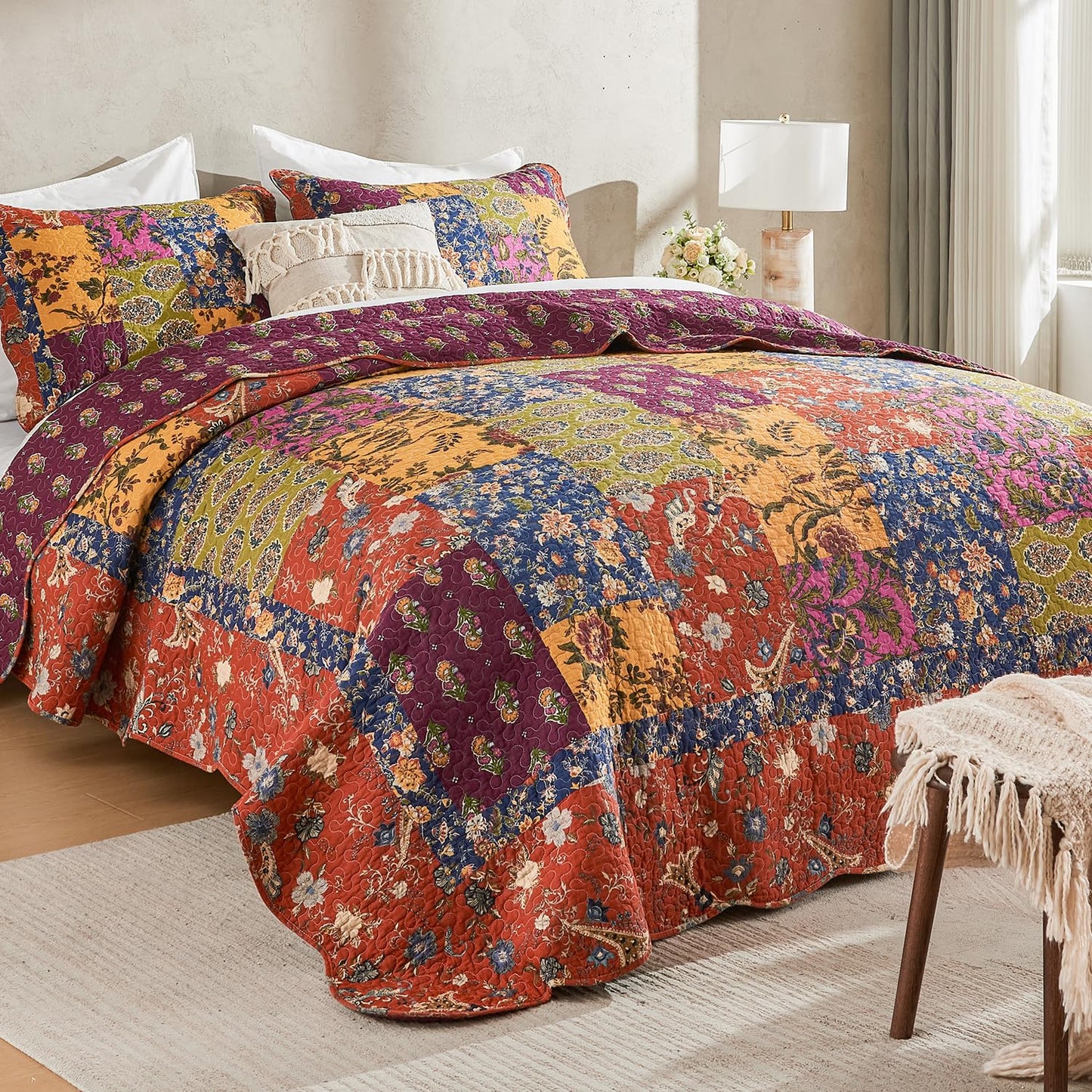 DECMAY 100% Cotton Quilt Queen Size, 3 Pieces Patchwork Bedspreads Queen Quilt Bedding Set, Lightweight Farmhouse Reversible Coverlet Comforter Set with 2 Pillowcases for All Seasons, Orange
