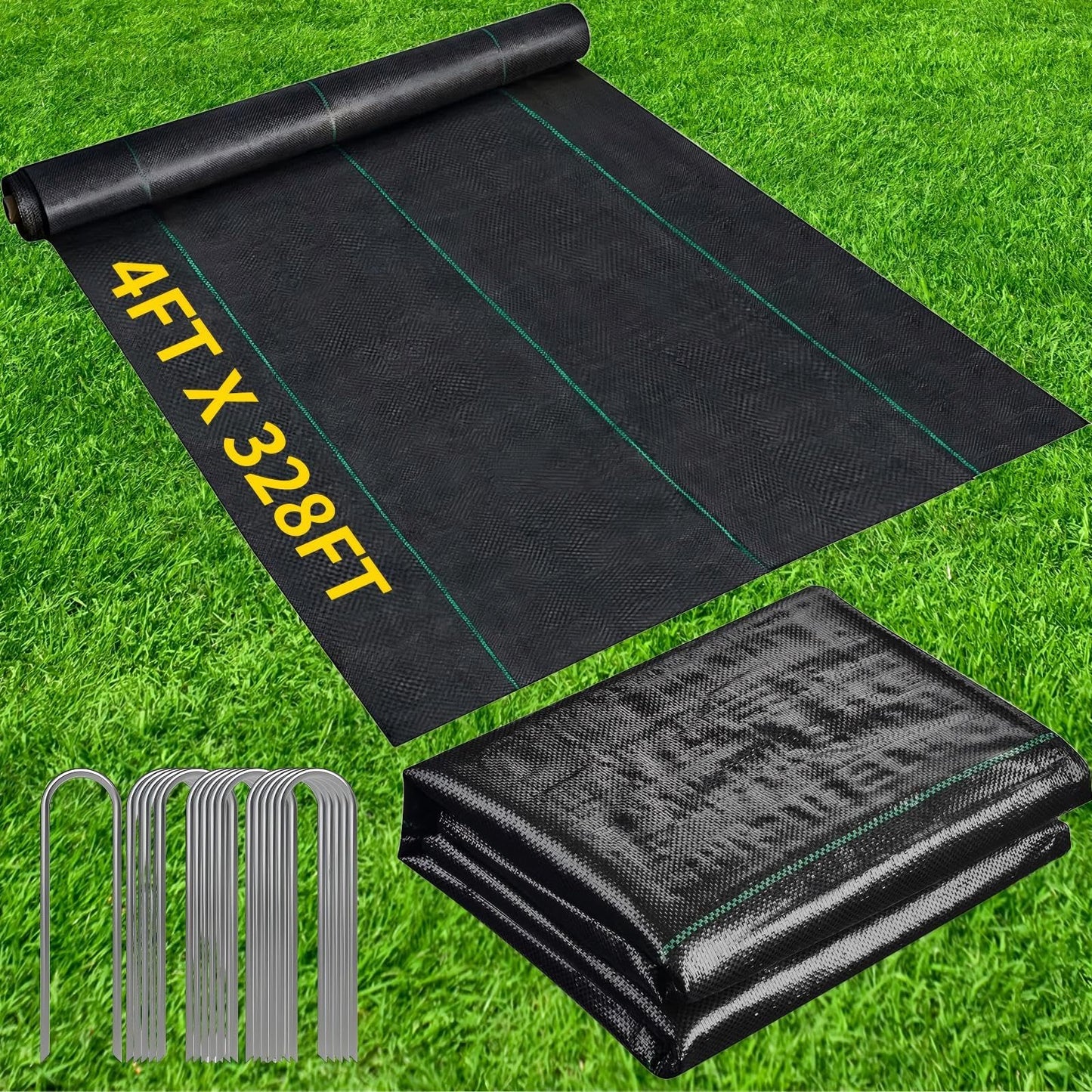 Kweetle 4FT X 328FT Garden Weed Barrier Landscape Fabric Heavy Duty Ultra Thick Premium Weeds Control Mat Ground Cover Weed Block Gardening Mat, 20 Ground Stakes Included