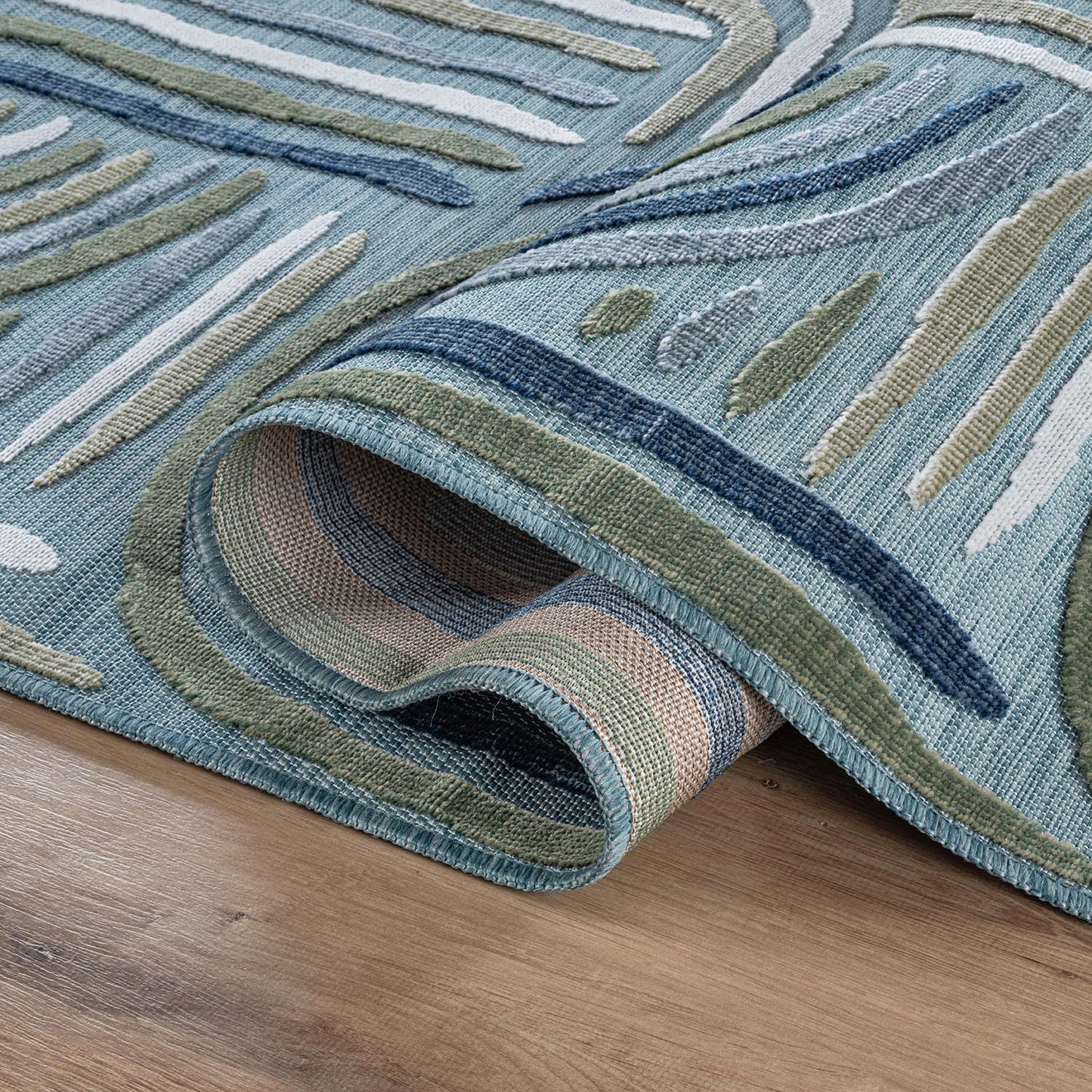 CAMILSON Indoor Outdoor Rug, Aqua 8x10 Geometric Arch Striped Area Rugs for Patio and Home Areas, Easy-Cleaning Non-Shedding Living Room, Garden and Deck Washable Outside Carpet (8 x 10)