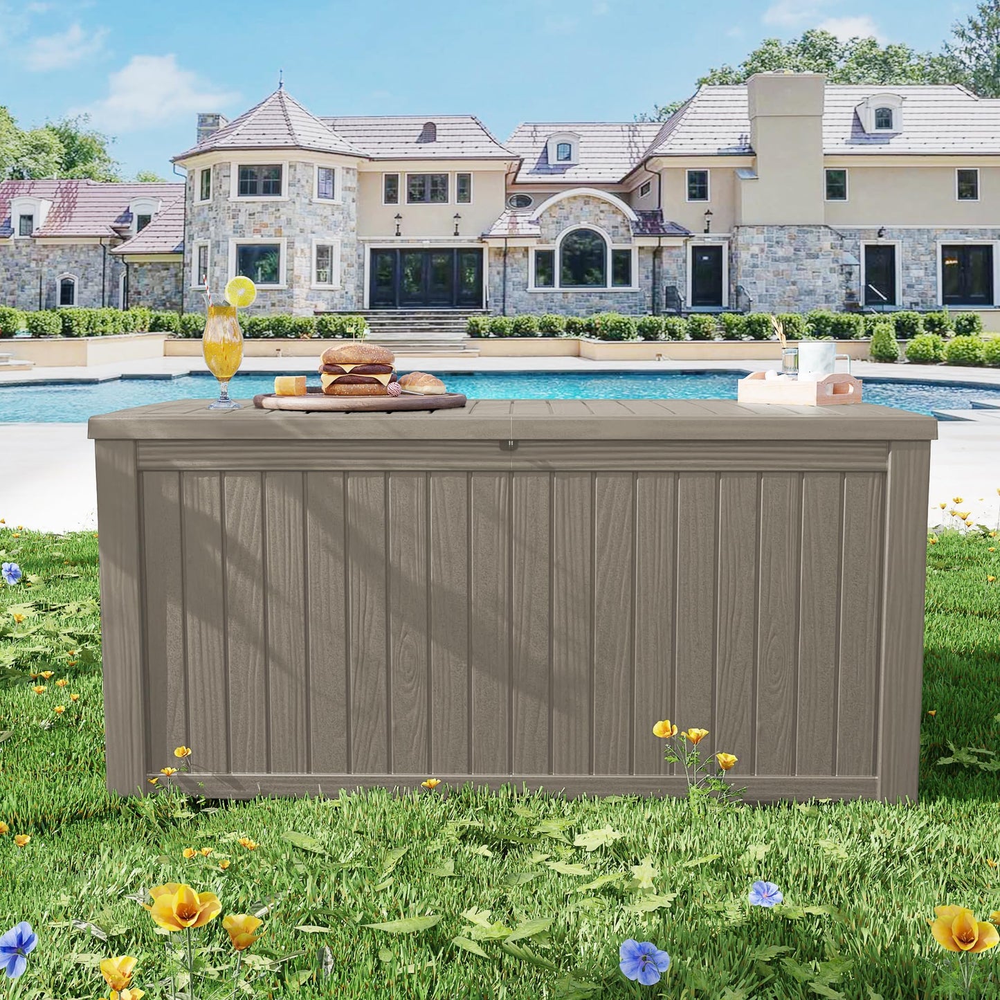 PATIOEASY Outdoor Storage Box 205GAL Waterproof Resin Deck Box,Pool Accessories Supplies，UV-Resistant Lockable Package Delivery Bin for Garden Tools,Large Patio Outside Cushions,Chest,Furniture,Grey