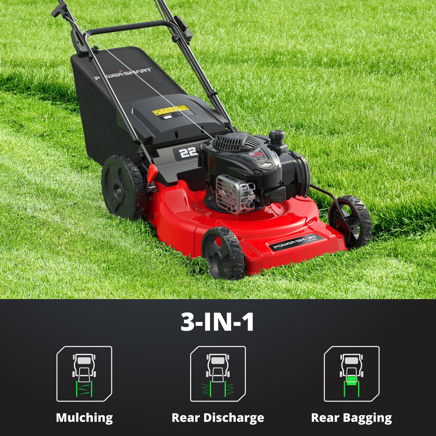 PowerSmart 22-Inch Gas Lawn Mower, 150cc B&S Engine, Self-Propelled, 3-in-1 Mulching System, 6 Cutting Heights, Rear-Wheel Drive, Durable Steel Deck