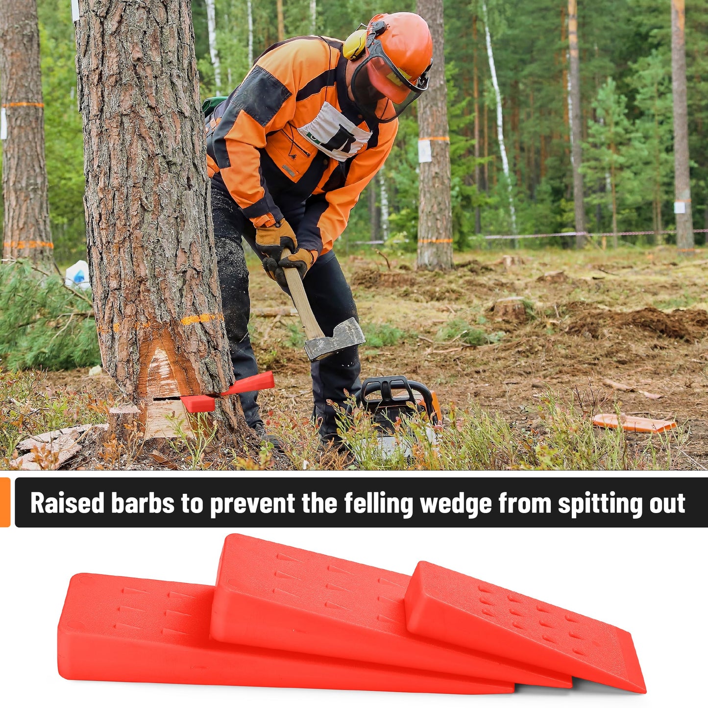 UNCO- Tree Felling Wedges with Spikes, 6 pcs, 5.5", 8" & 10", Orange Wedges with Storage Bag, Splitting Wedge, Plastic Wedges for Tree Cutting, Logging Tools and Equipment, Chainsaw Wedges for Trees