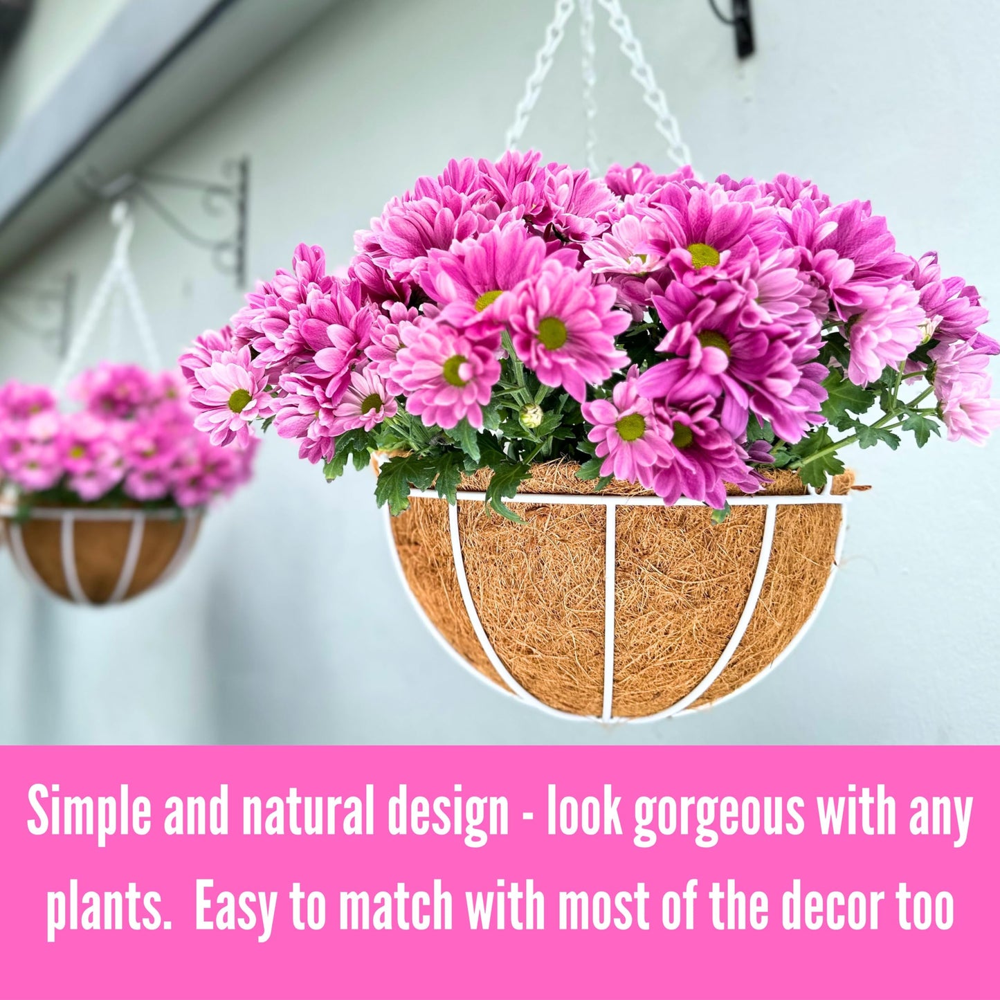 LaLaGreen Hanging Baskets for Plants (2 Pack, 10 Inch) White Hanging Planter Outdoor with Coco Liner, Metal Wire Flower Basket Pots Holder Hanger Hook Deck Patio Porch Garden Balcony Outside Decor
