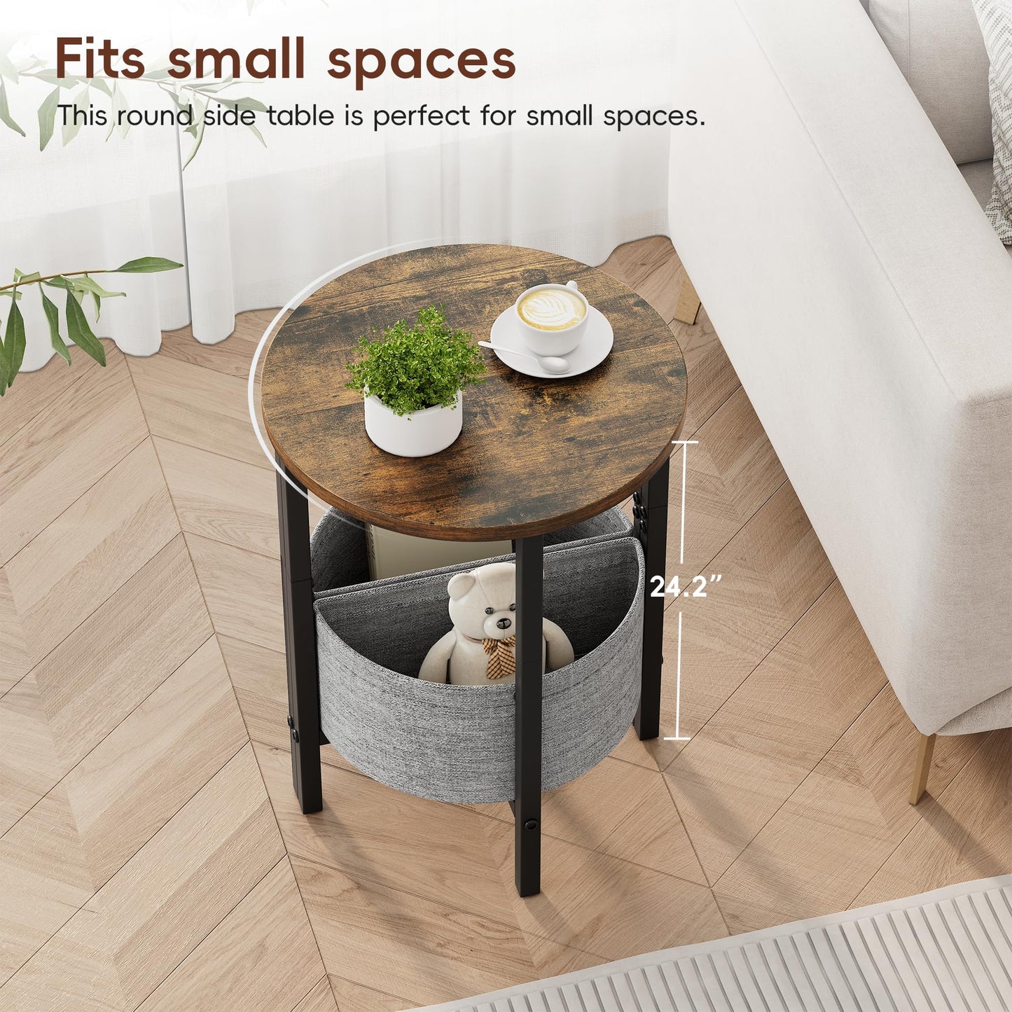Vagusicc Small Round Side Table, Accent End Table with Storage Basket, Set of 2 Half Round Coffee Table End Table, Half Moon Bedside Table, Modern Nightstand Couch Table for Living Room Bedroom, Brown