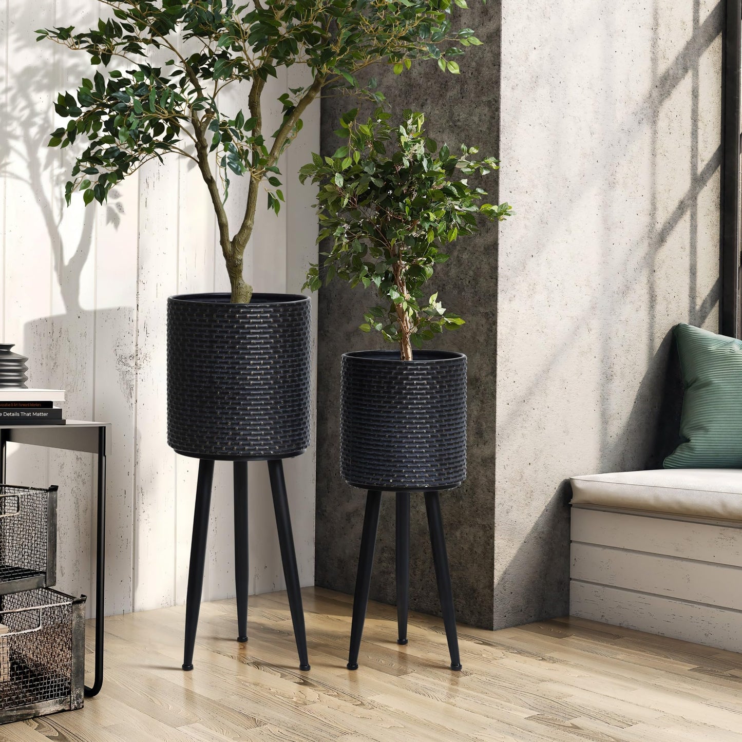 LuxenHome Mid Century Planters for Indoor Plants, Set of 2 Indoor Plant Pots, Dimpled Decorative Cachepot Planters with Black Metal Stands, Large Floor Flower Pot for Living Room, 9.5 & 10.5 Inch