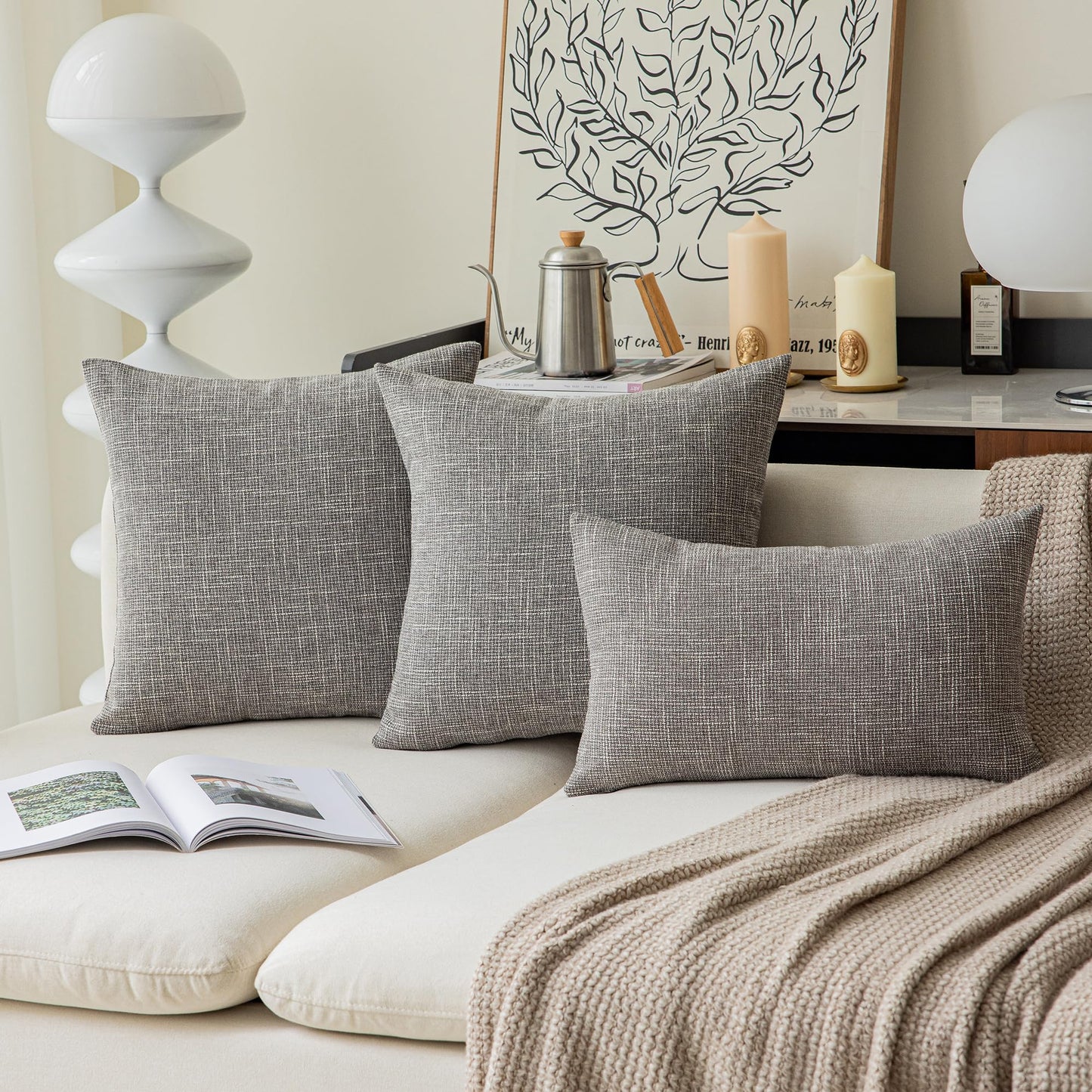 Kevin Textile Faux Linen Square 2 Tone Woven Throw Pillow Covers Sham Cushion Case for Car/Couch Use, 18-inch(2 Packs, Grey)