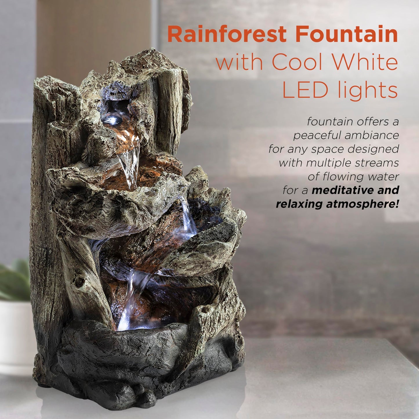 Alpine Corporation | 14"H Indoor Tiered Log Tabletop Fountain with LED Lights — Cascading Waterfall Design Creates Relaxing Ambiance for Home & Office Décor