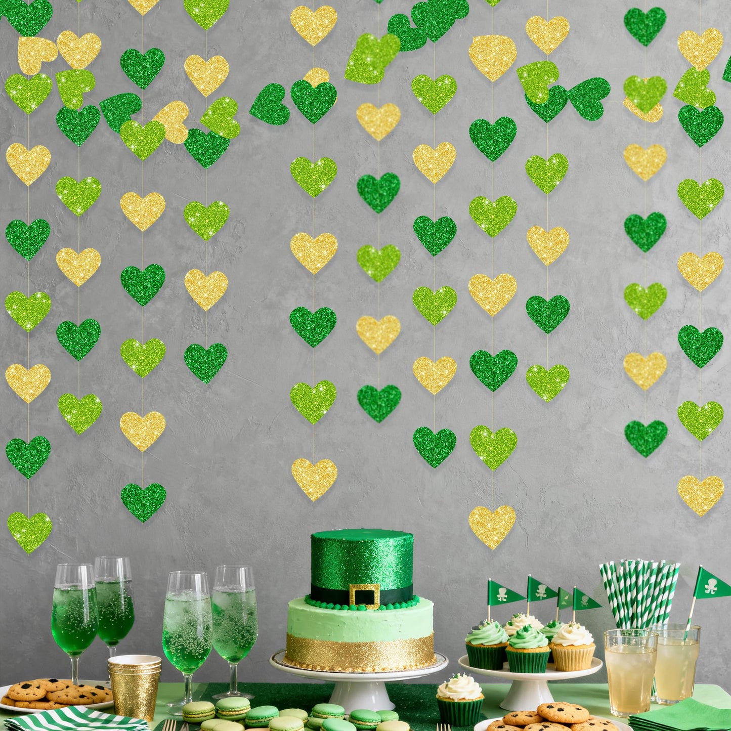 Gold and Green Heart Party Decorations Glitter Paper Love Heart Hanging Banner Streamer Garland for Birthday Wedding Valentines Day Spring Master Golf St Patrick's Day Christmas Holiday Party Supplies