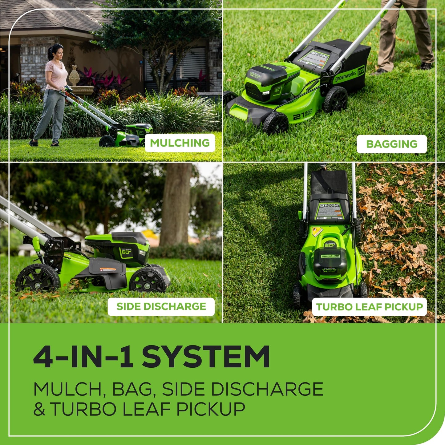 Greenworks 60V 21" Brushless (Push) Cordless Lawn Mower, 5.0Ah Battery (1/2 Acre, Rapid Charger, 4-in-1, LED Lights, IPX4)