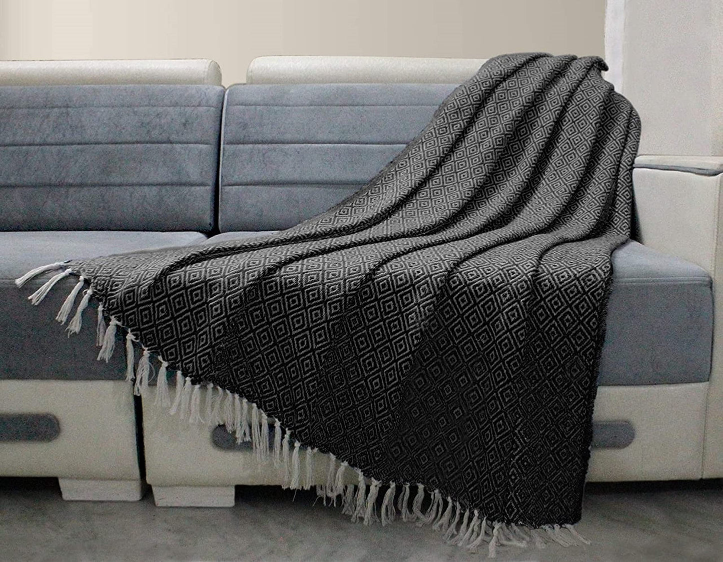 RAJRANG Black Throw Blanket Woven Country Rustic All Weather 100% Cotton Knitted Luxury Sofa Couch Bed Throws Mini Diamond 50 x 60 Inches