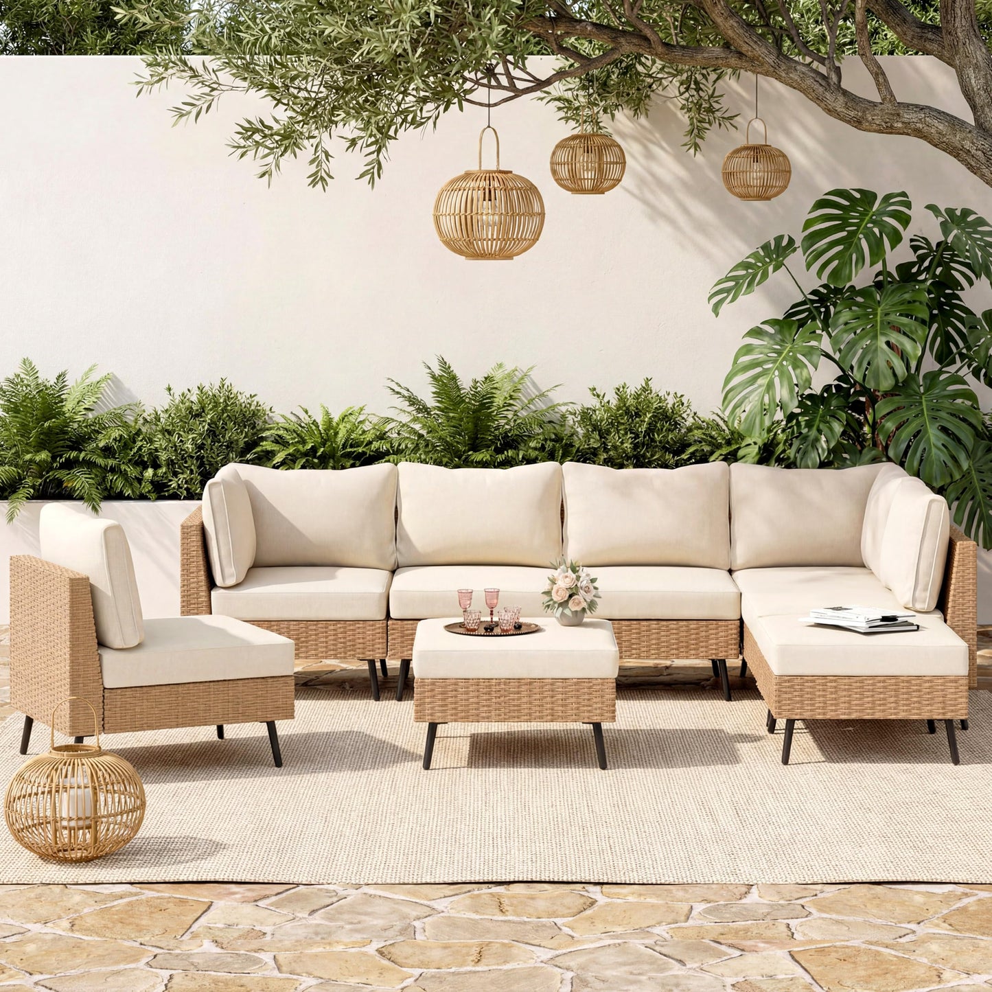 EO Living 8-Piece Patio Furniture Set, Outdoor Sectional Sofa PE Rattan Outdoor Patio Furniture with Thick Cushions, All Weather Patio Conversation Sets for Garden, Poolside, Backyard(Beige)