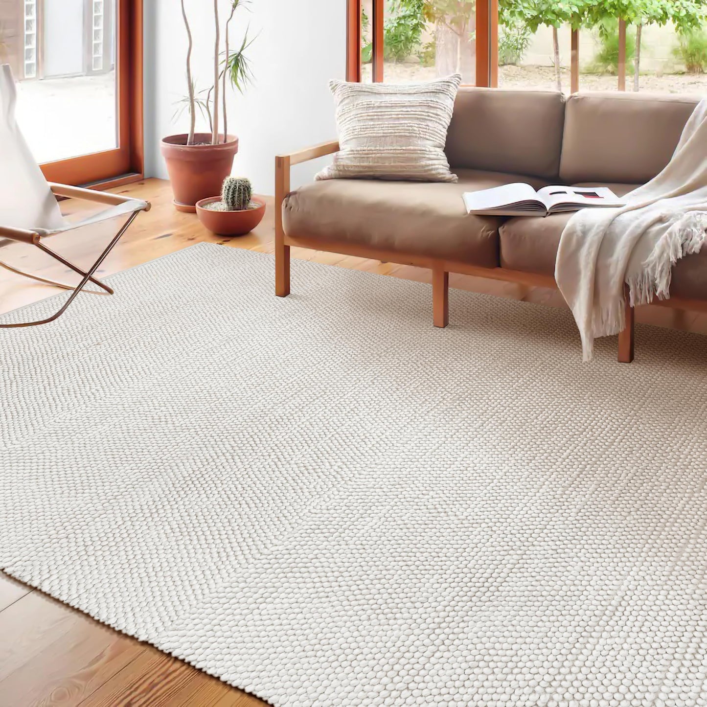 Savi Home Handwoven Wool Cotton Blend Area Rug 4x6', Textured Popcorn Braided Ivory Rug, Soft Thick Farmhouse Contemporary Living Room Carpet, Neutral Modern Decorative Floor Rug