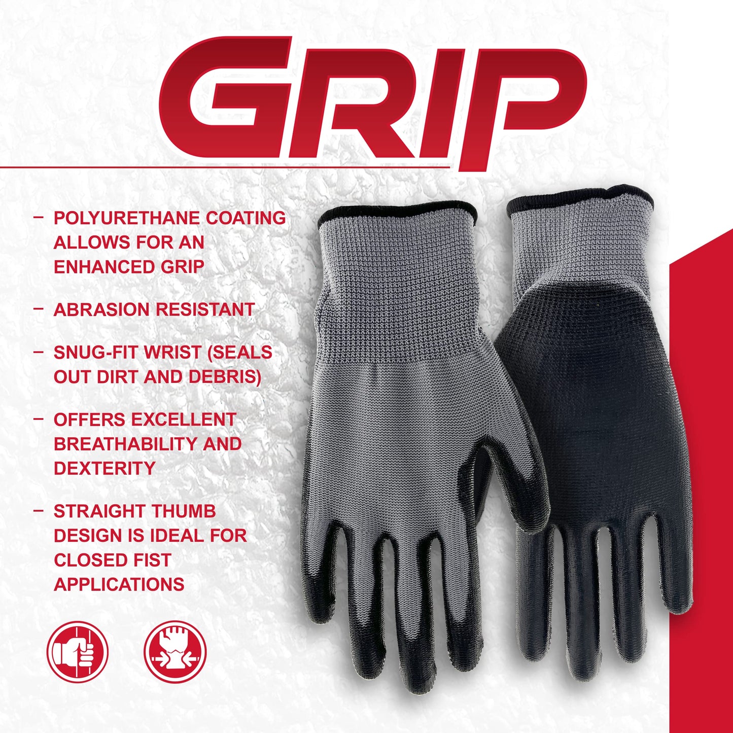 Boss Kid's Polyurethane Coated Work Gloves, Enhanced Grip, High Dexterity, Water Resistant, Comfort, Gray/Black, Youth, (B33021-Y)
