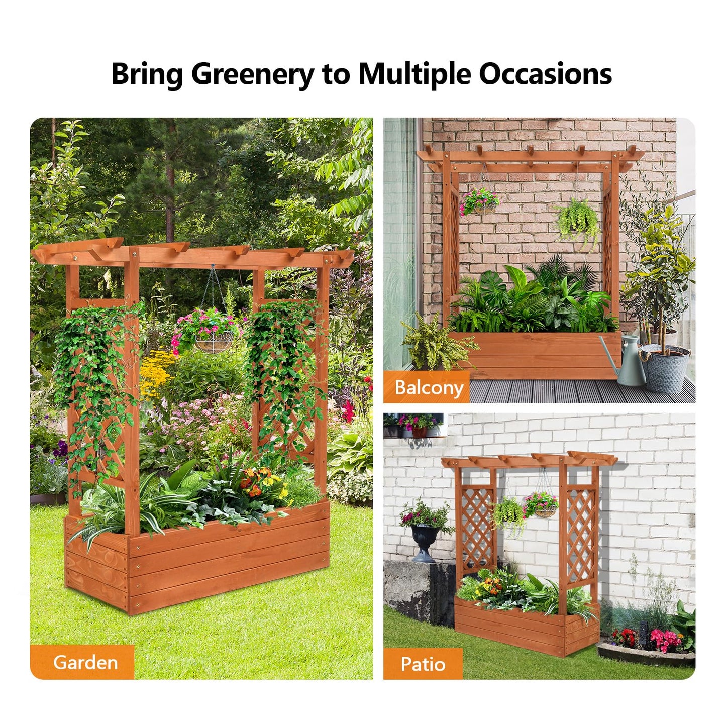 VINGLI 45 in Raised Garden Bed with Trellis & Hanging Roof, Wooden Elevated Planter Box with Drainage Holes for Outdoor Climbing Plants Vegetables Flowers, Patio Yard Balcony