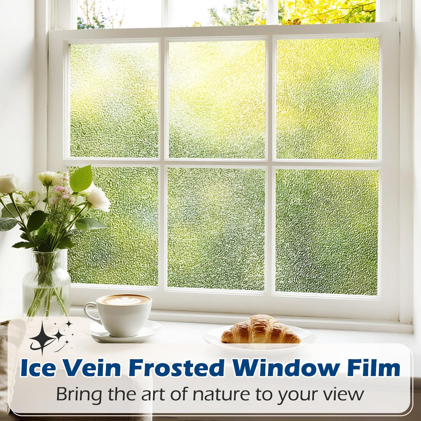 Borskyn Frosted Glass Window Privacy Film with Ice Vein Texture, Static Cling UV Blocking Removable Covering, Decorative Frosting Film for Home Office Bedroom Door, Clear, 17.5 x 78.7 Inches