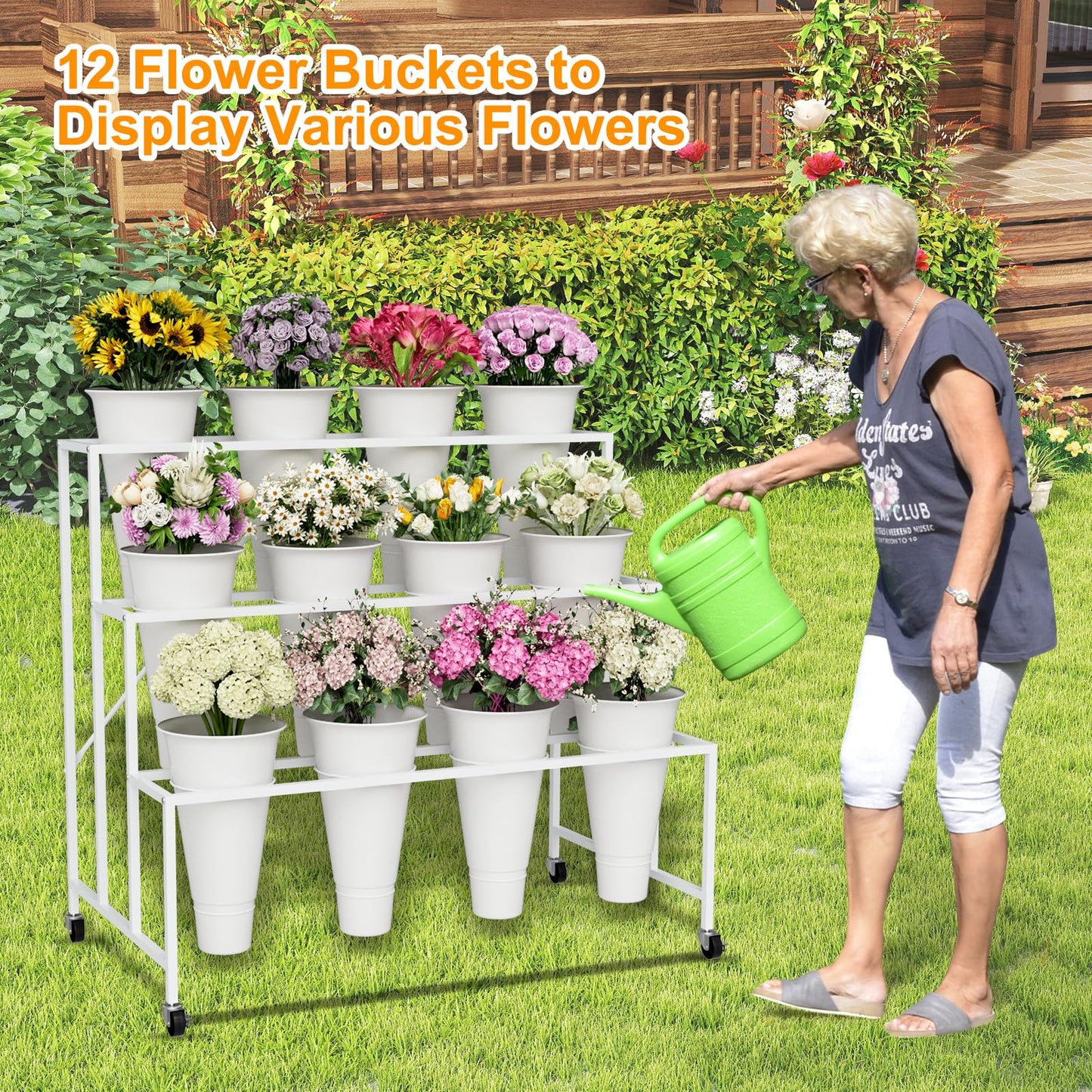 NEYCIL Flower Stand, 3-Tier Flower Display Stand with Buckets for Indoor Outdoor, Flower Cart Display Stand with Wheels for Courtyard, Balcony, Flower Shop, Wedding, Party, Exhibition (White)