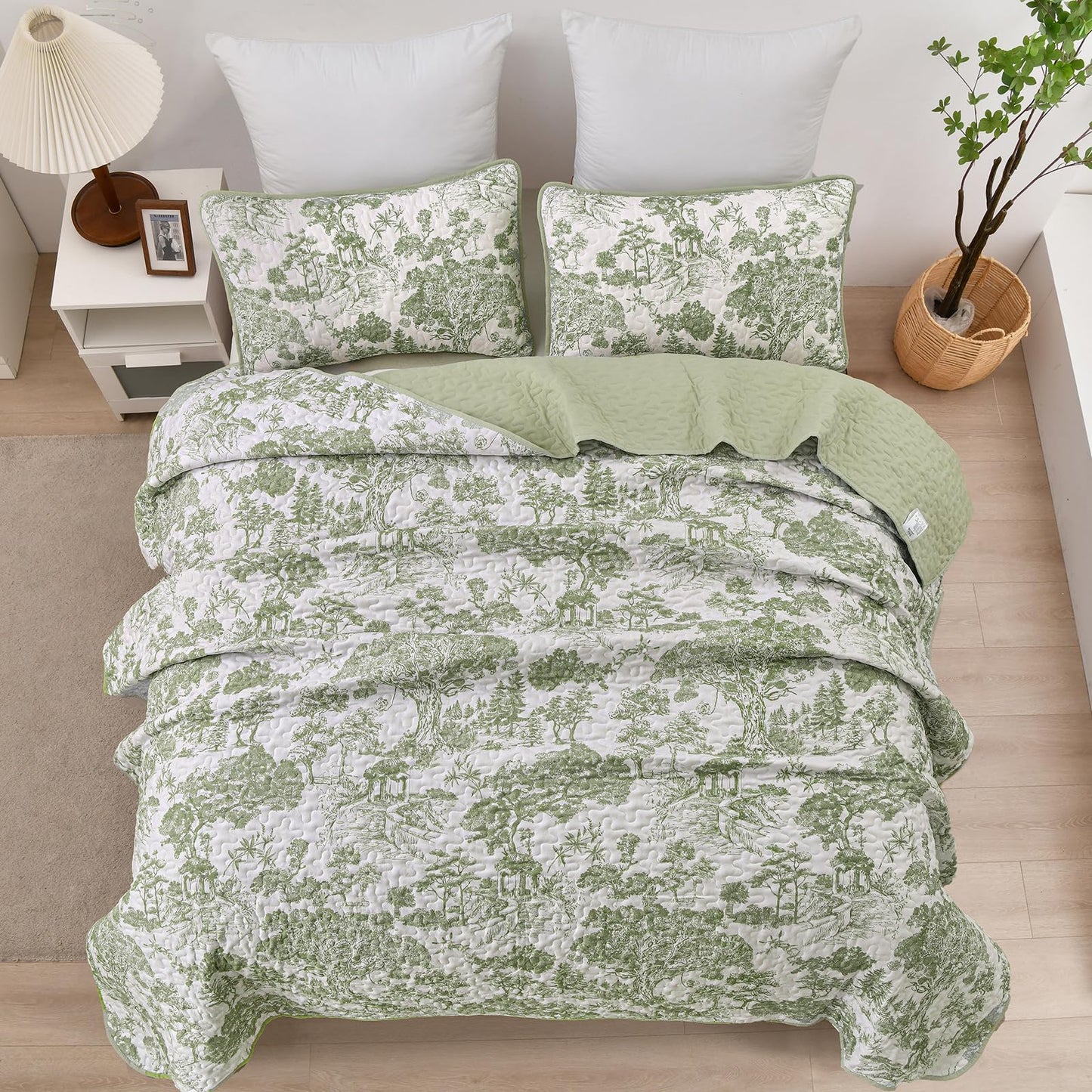 WONGS BEDDING Botanical Quilt Set Queen Size, Sage Green 3 Pieces Toile Floral Plants Printed Bedspread Bedding Set Soft Lightweight Microfiber Coverlet Set for All Season (96"x90")